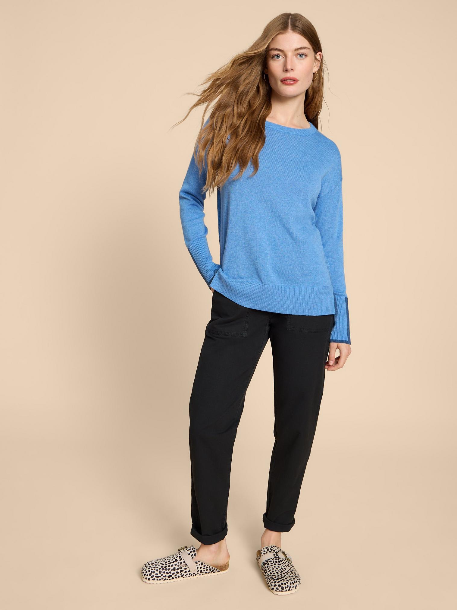 OLIVE CREW JUMPER in CHAMB BLUE - MODEL FRONT