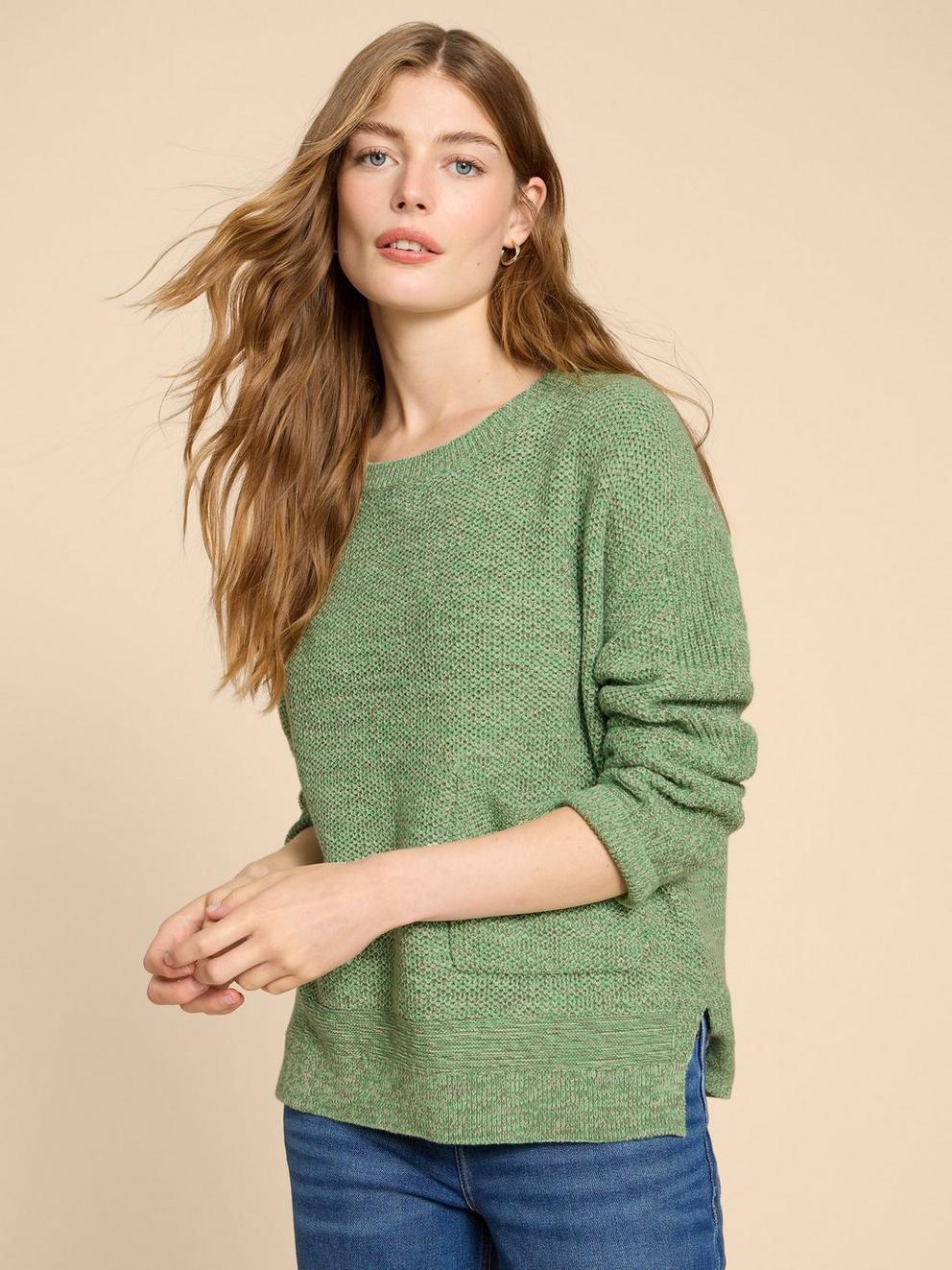 NORTHBANK CREW NECK JUMPER in MID GREEN - MODEL FRONT