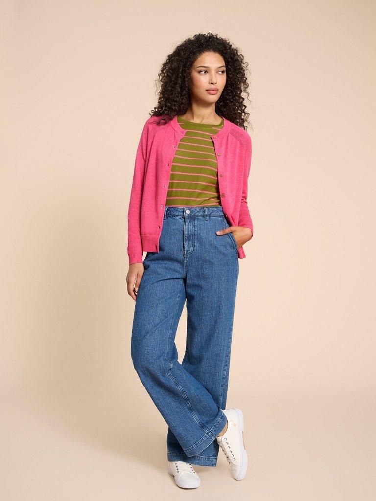 LULU KNIT CARDI in MID PINK - MODEL FRONT