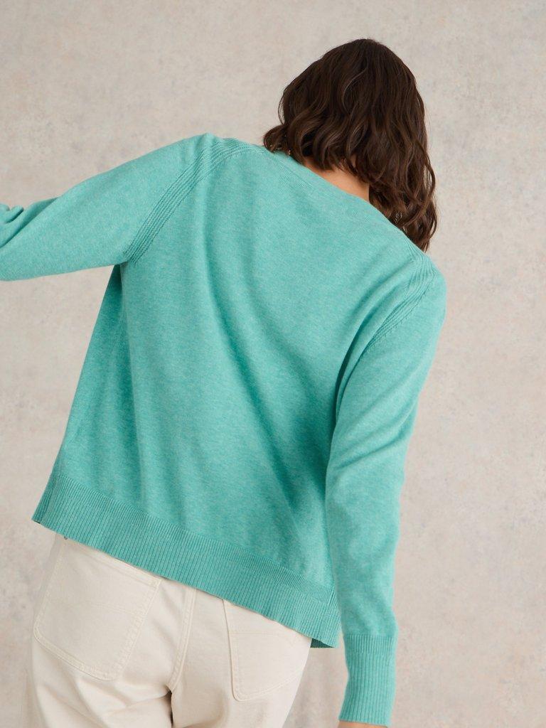 LULU KNIT CARDI in MID TEAL - MODEL BACK