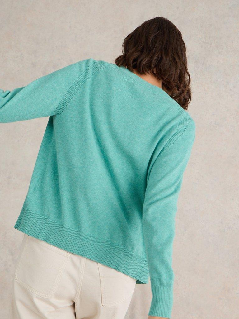 LULU KNIT CARDI in MID TEAL - MODEL BACK