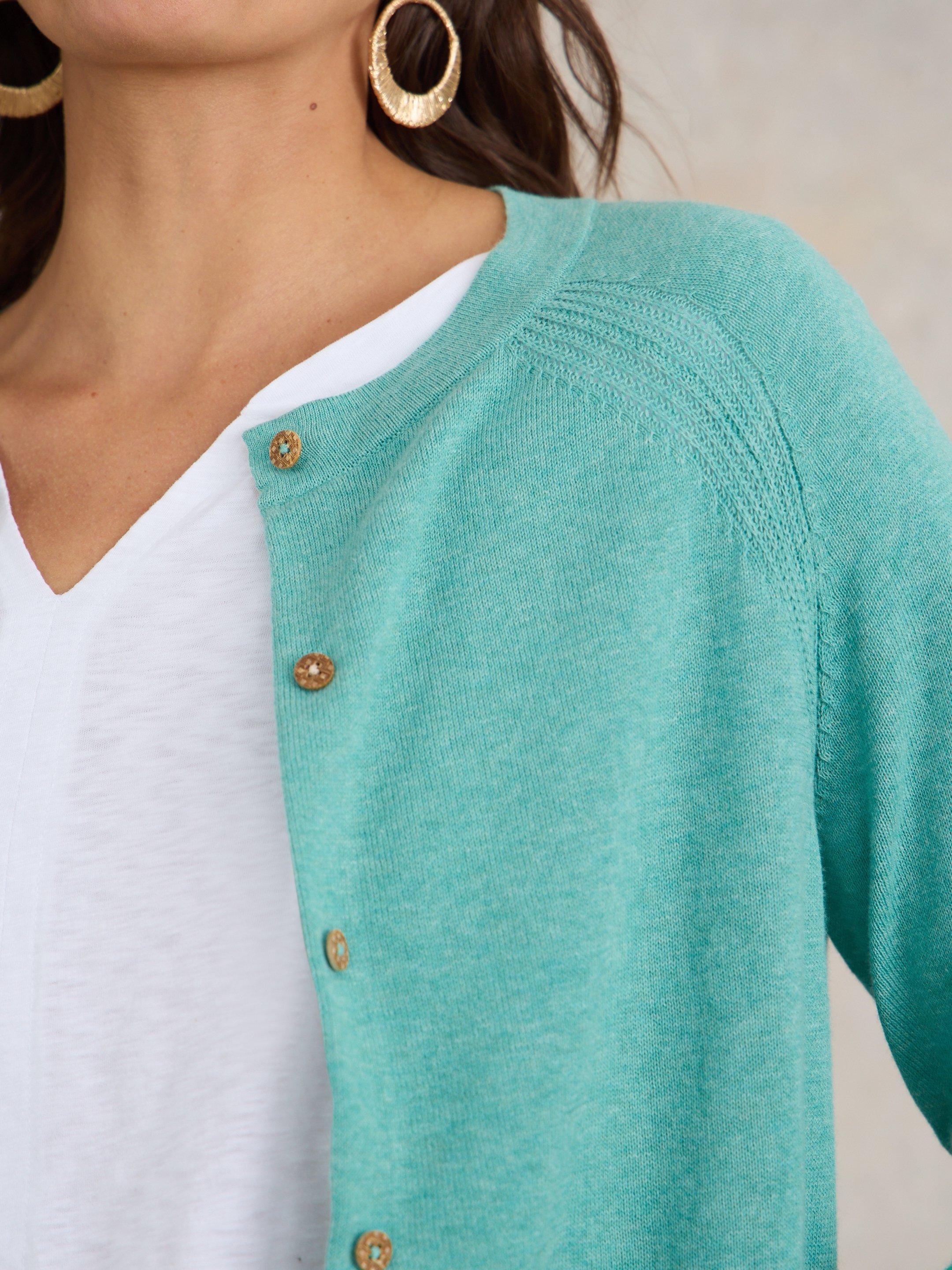 LULU KNIT CARDI in MID TEAL - MODEL DETAIL