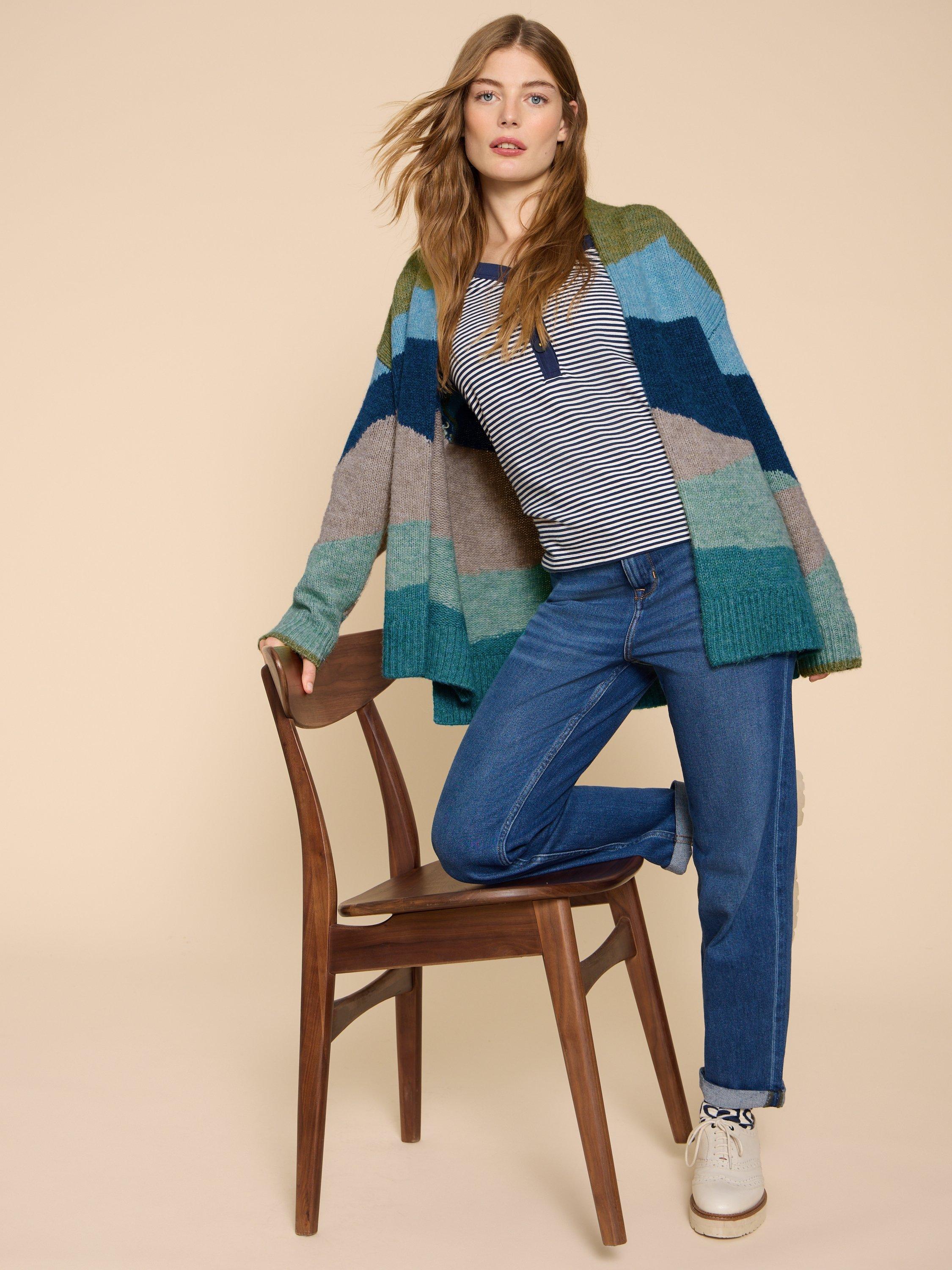 PATTI PATCHWORK CARDIGAN in GREEN MLT - MODEL DETAIL