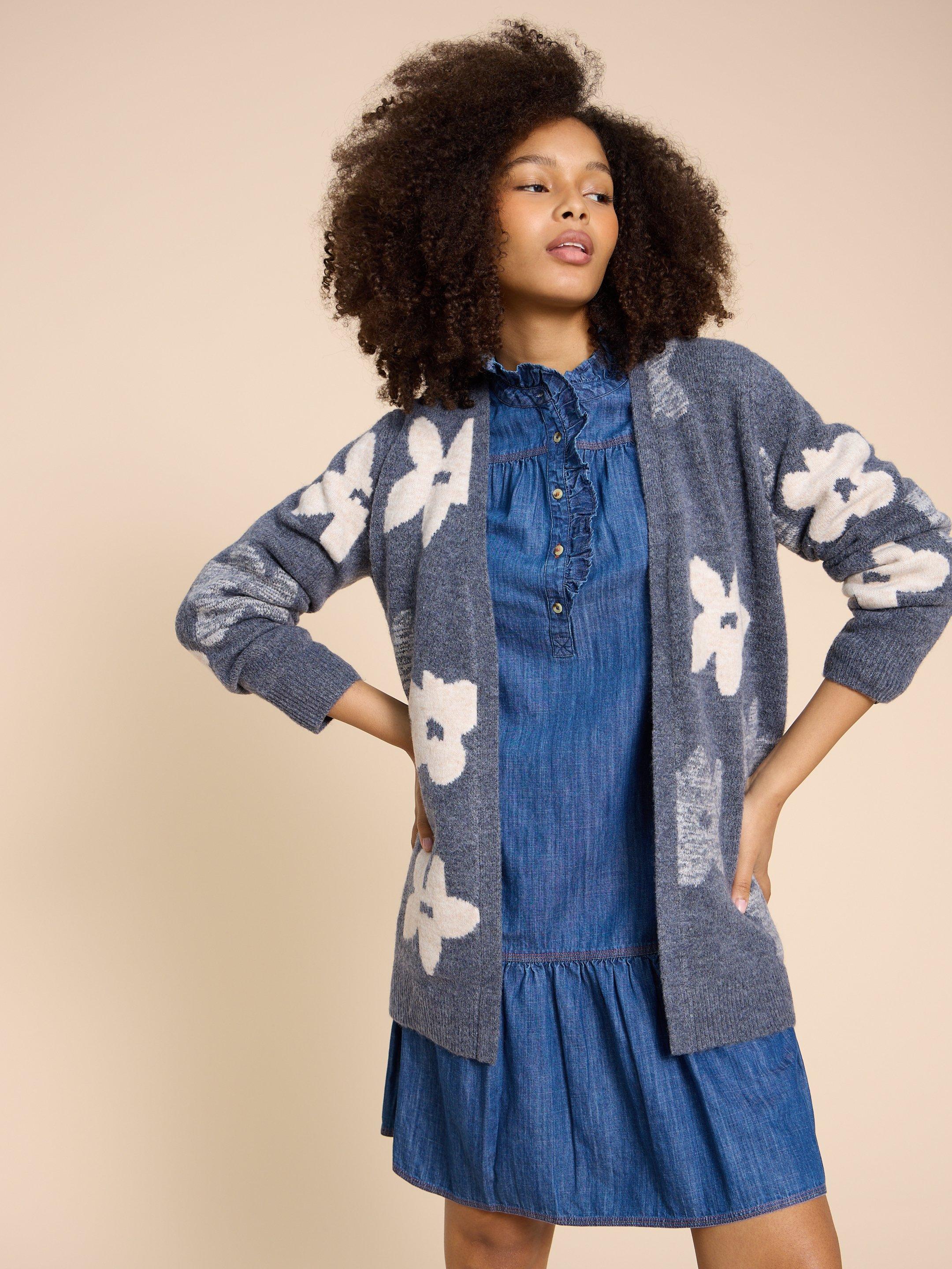 BLOSSOM LONGLINE CARDIGAN in BLUE MULTI