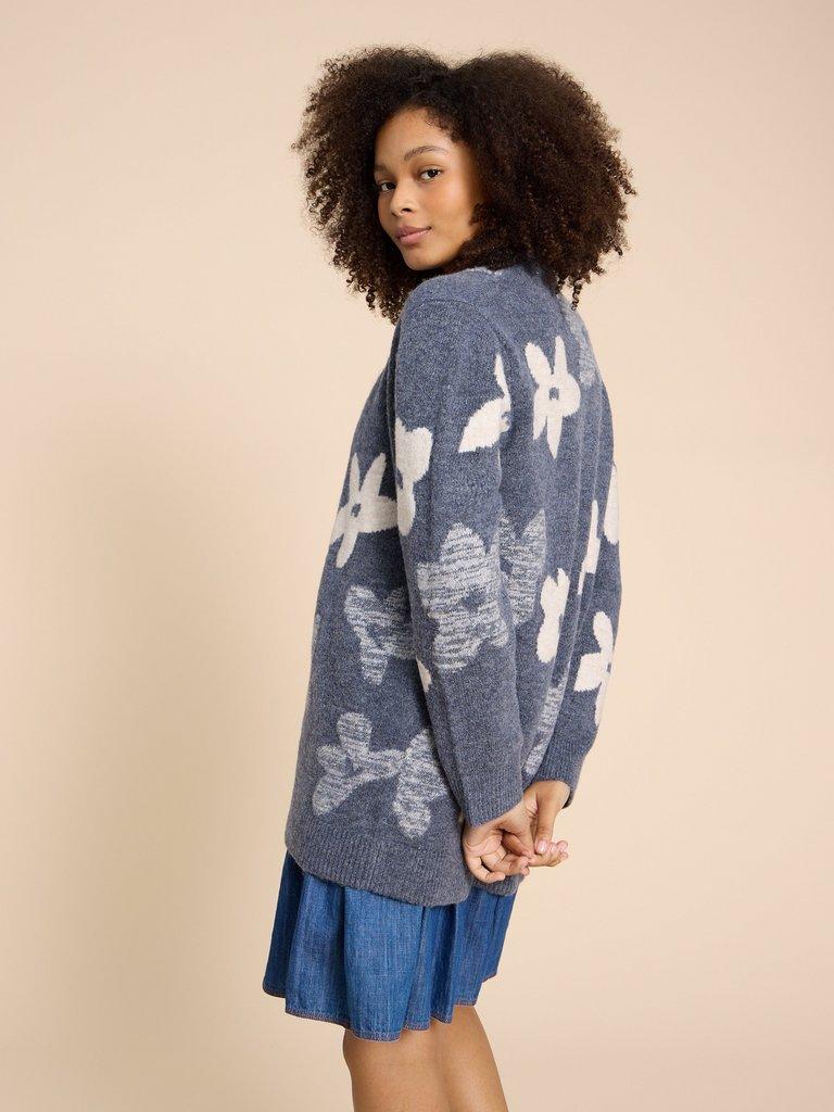 BLOSSOM LONGLINE CARDIGAN in BLUE MLT - MODEL BACK