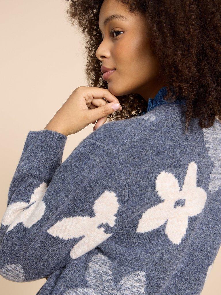 BLOSSOM LONGLINE CARDIGAN in BLUE MLT - MODEL DETAIL