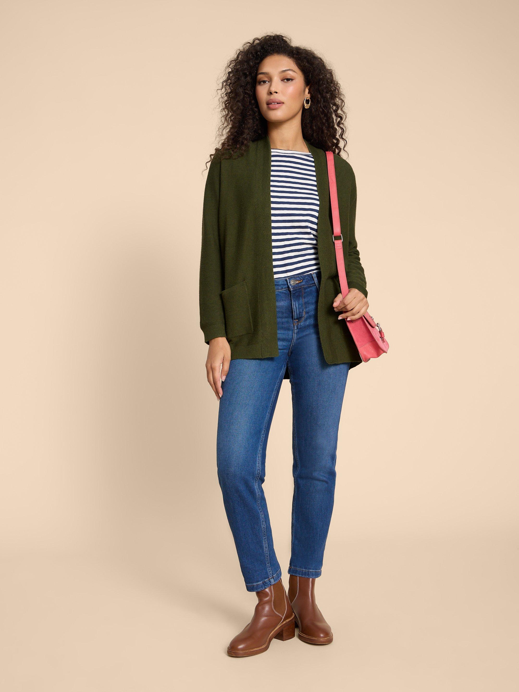 CARLA CARDIGAN in MID GREEN - MODEL FRONT