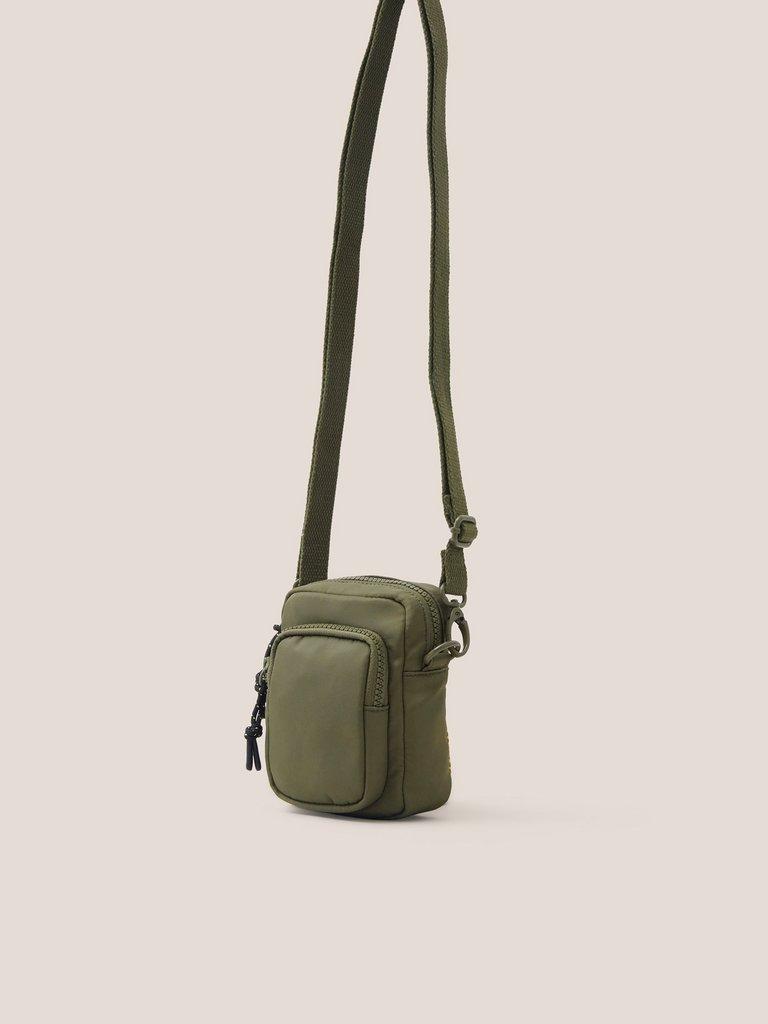 Nylon Crossbody Phone Bag in KHAKI GRN - MODEL FRONT