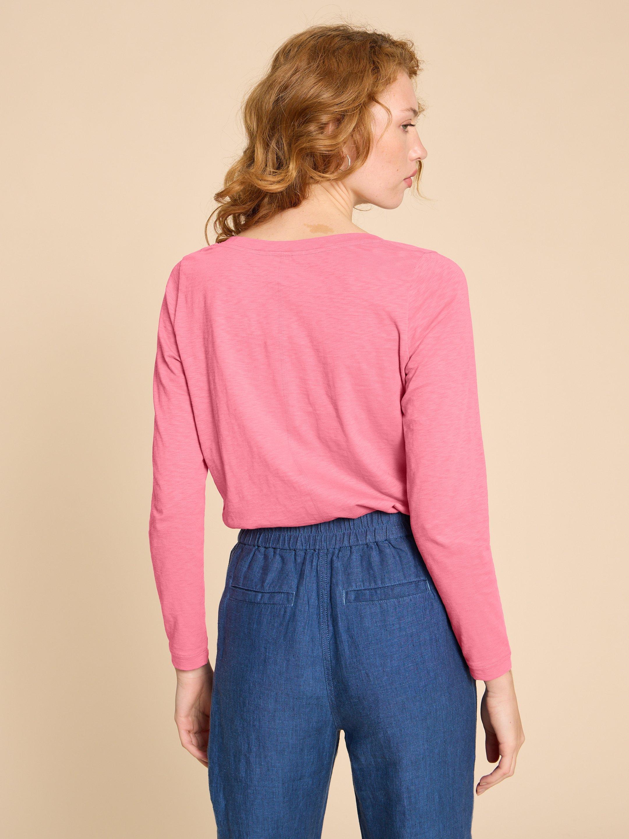 NELLY LS PRINTED TEE in MID PINK - MODEL BACK
