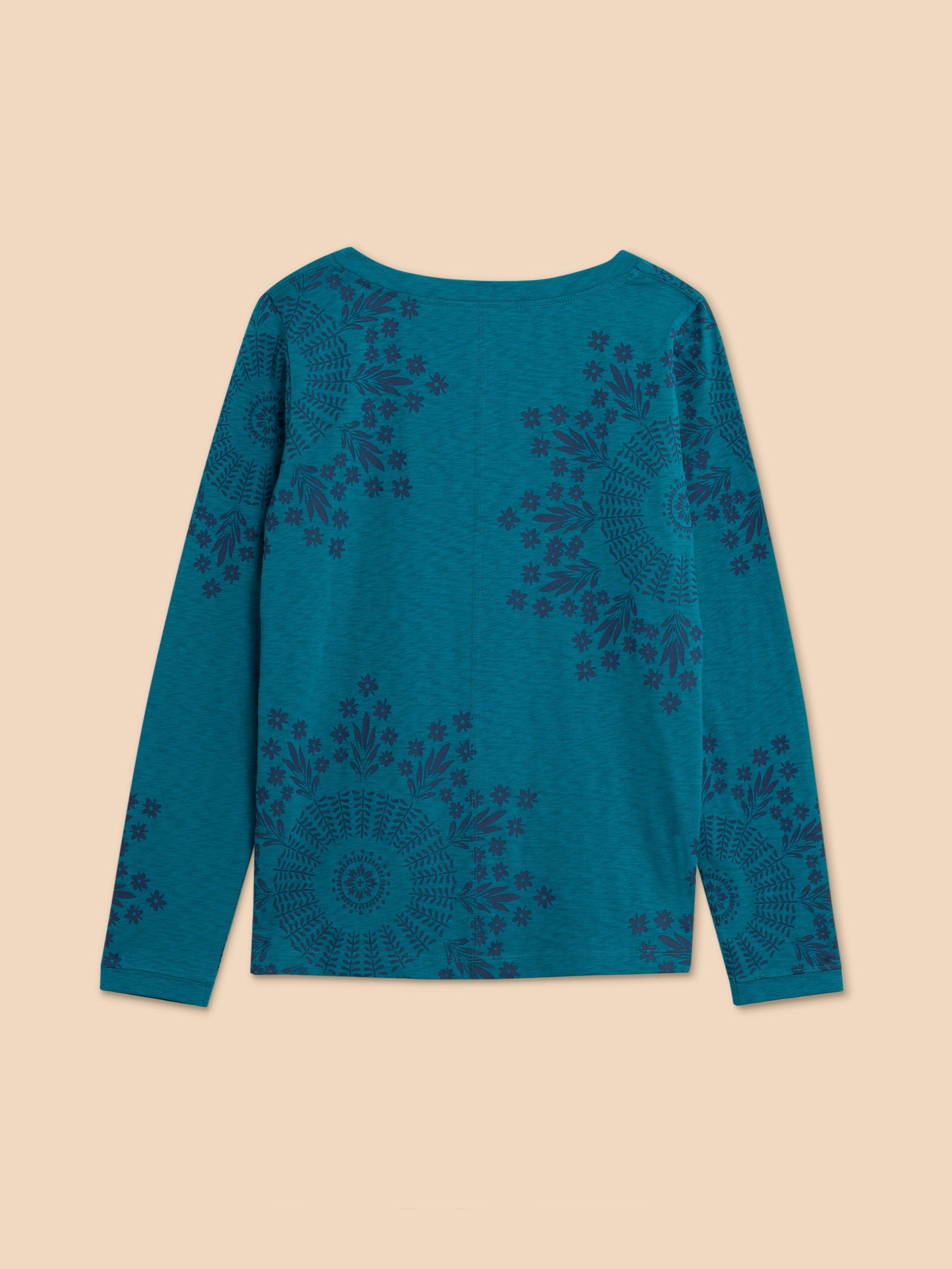 NELLY LS PRINTED TEE in TEAL PR - FLAT BACK
