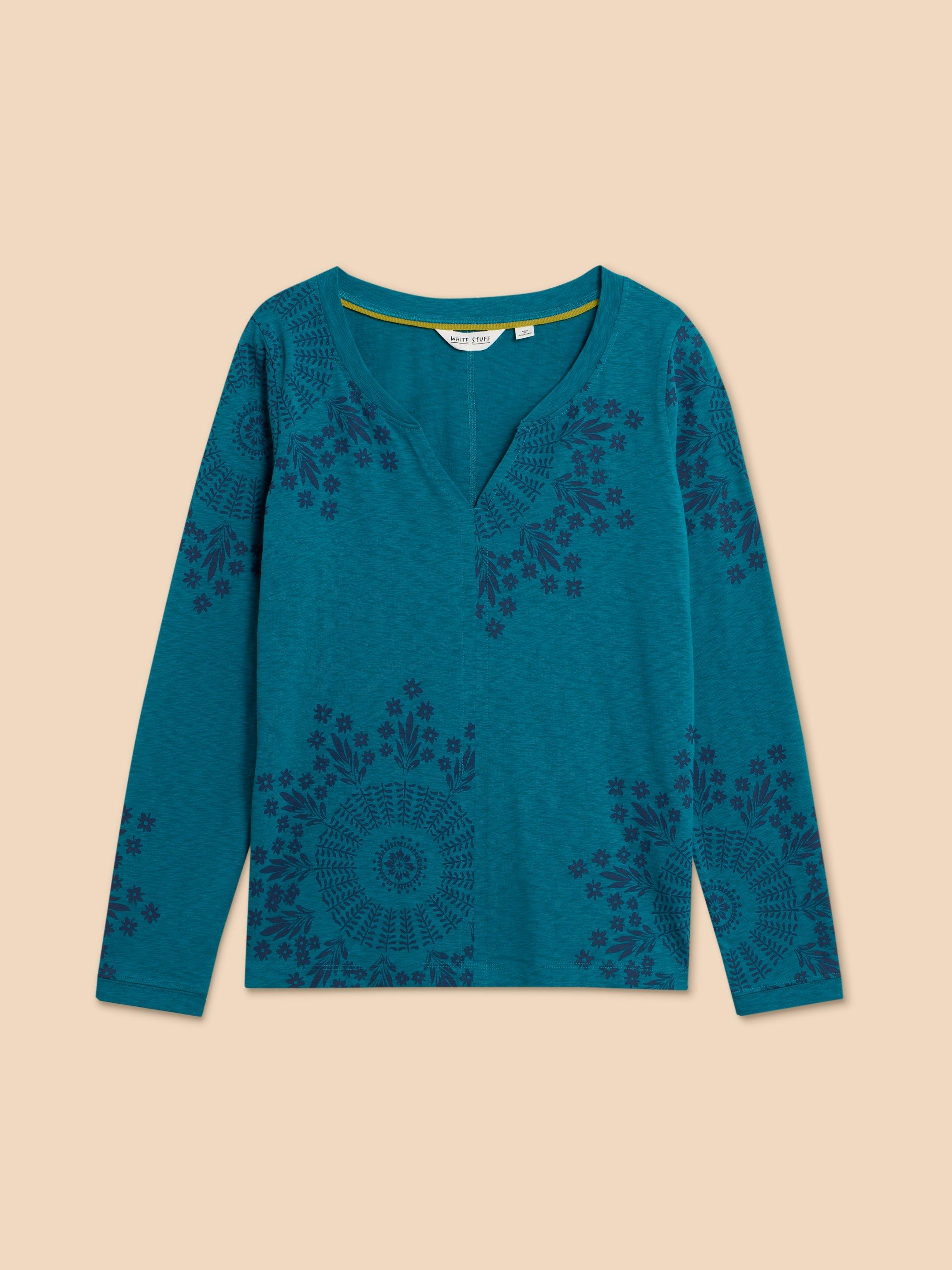 NELLY LS PRINTED TEE in TEAL PR - FLAT FRONT