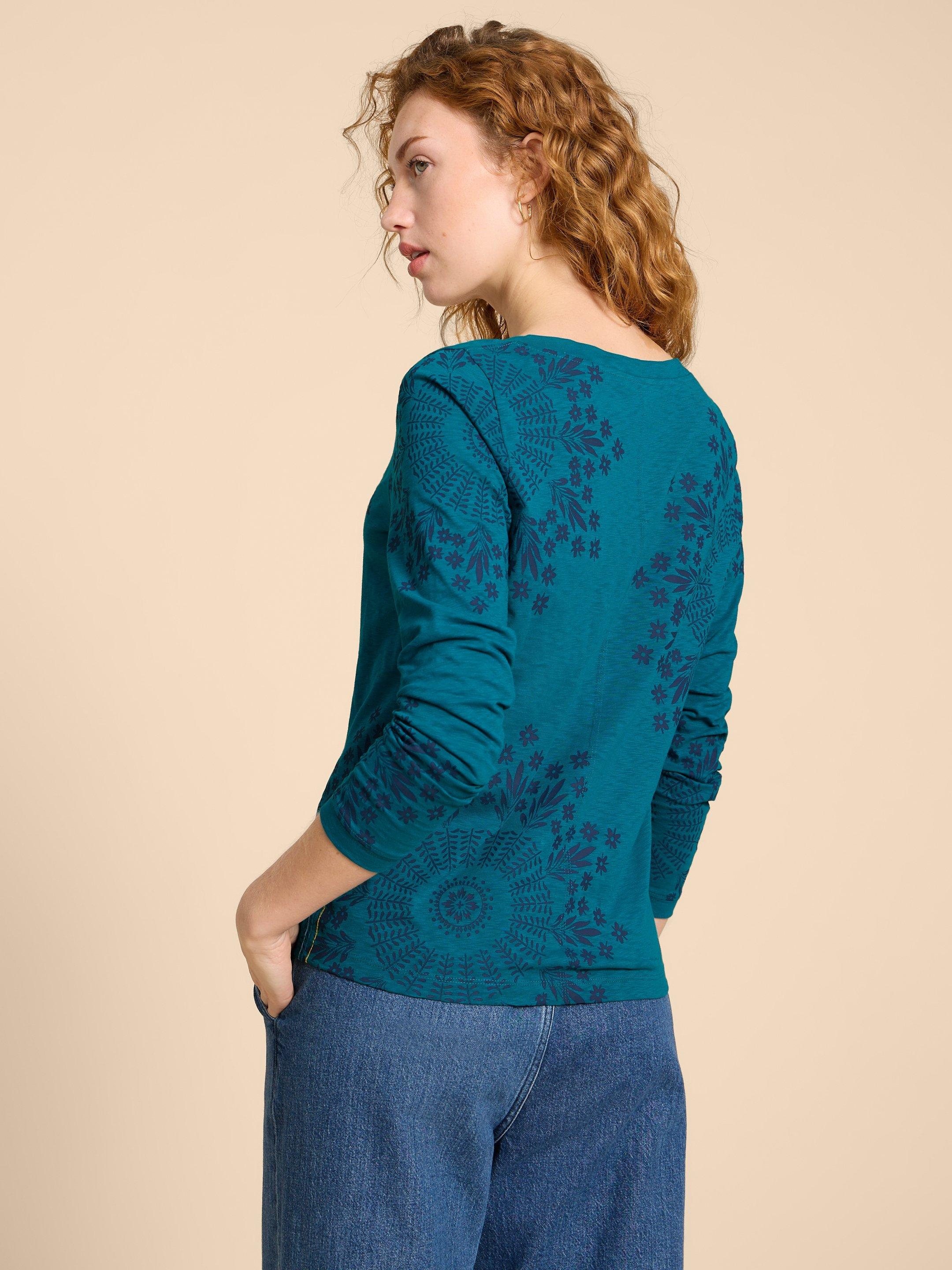 NELLY LS PRINTED TEE in TEAL PR - MODEL BACK