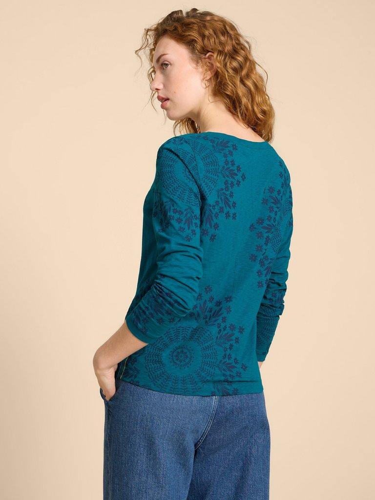 NELLY LS PRINTED TEE in TEAL PR - MODEL BACK