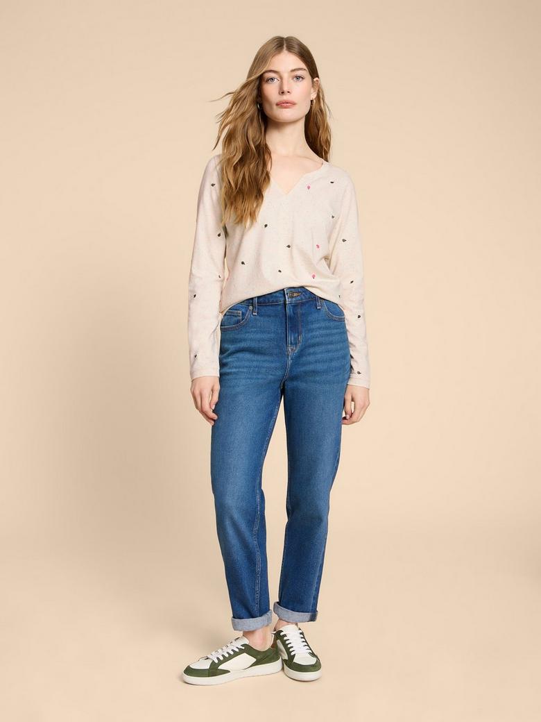 White Stuff Nelly Women's Long Sleeve T-Shirt Embroidered Ladies Notch Neck Tee