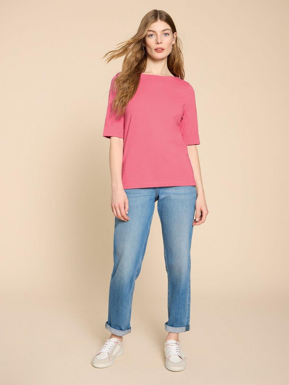 SYDNEY BOAT NECK TEE in BRT PINK - MODEL FRONT