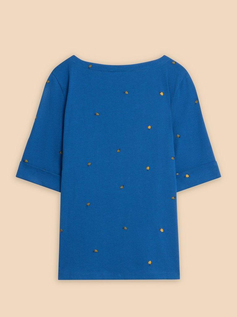 SYDNEY BOAT NECK EMB TEE in BLUE MLT - FLAT BACK