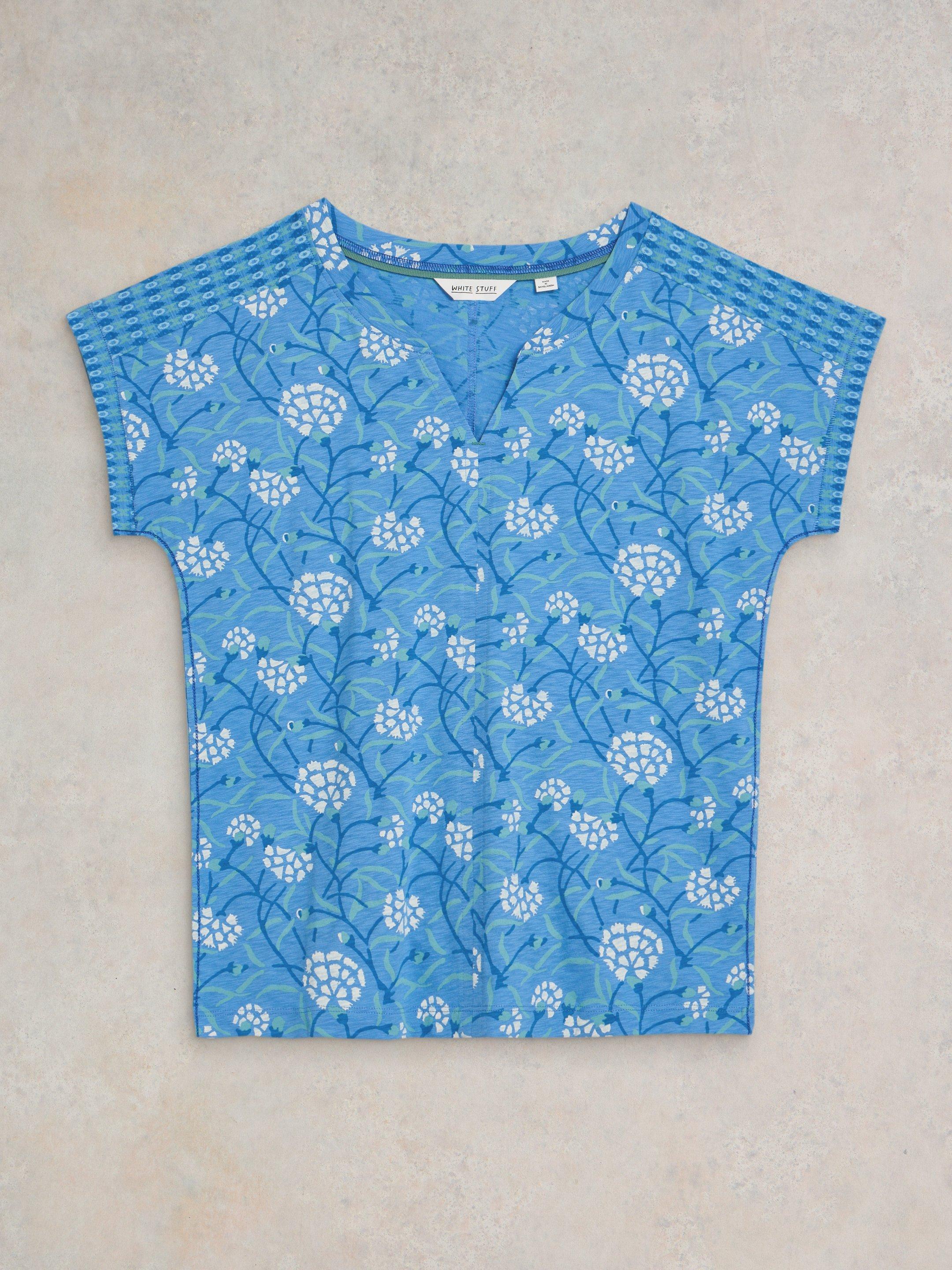 NELLY NOTCH NECK COTTON TEE in BLUE PR - FLAT FRONT