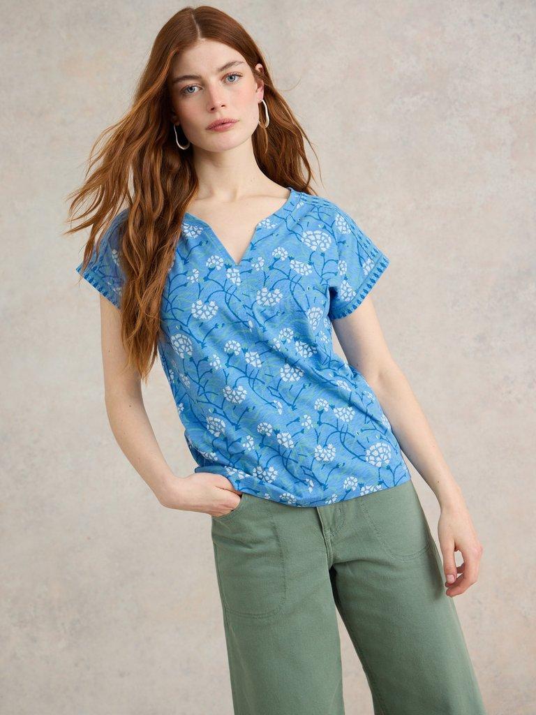 NELLY NOTCH NECK COTTON TEE in BLUE PR - LIFESTYLE