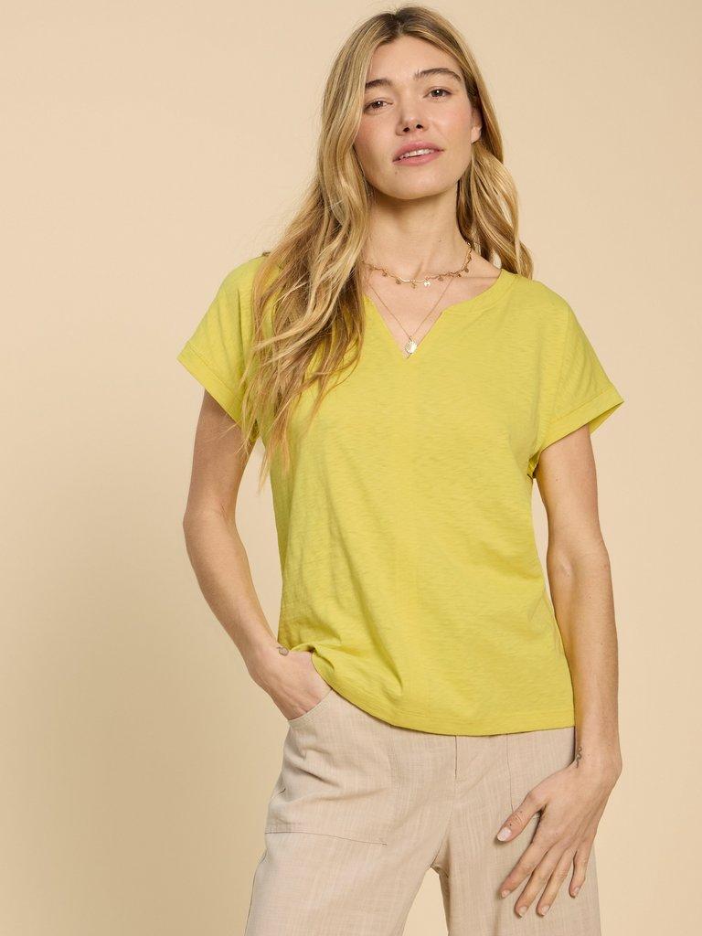 NELLY NOTCH NECK COTTON TEE in BRT YELLOW - MODEL DETAIL