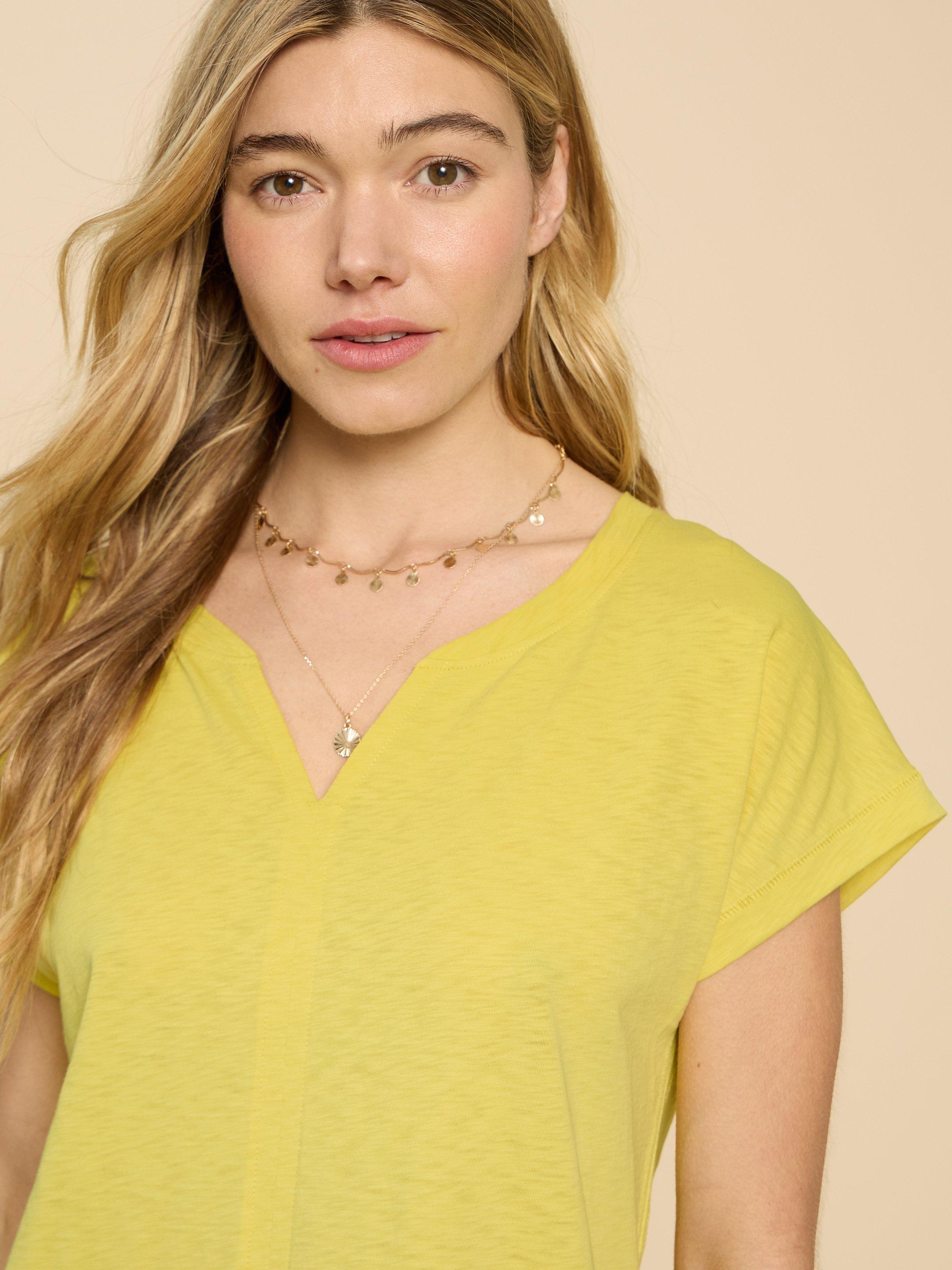 NELLY NOTCH NECK COTTON TEE in BRT YELLOW - MODEL FRONT