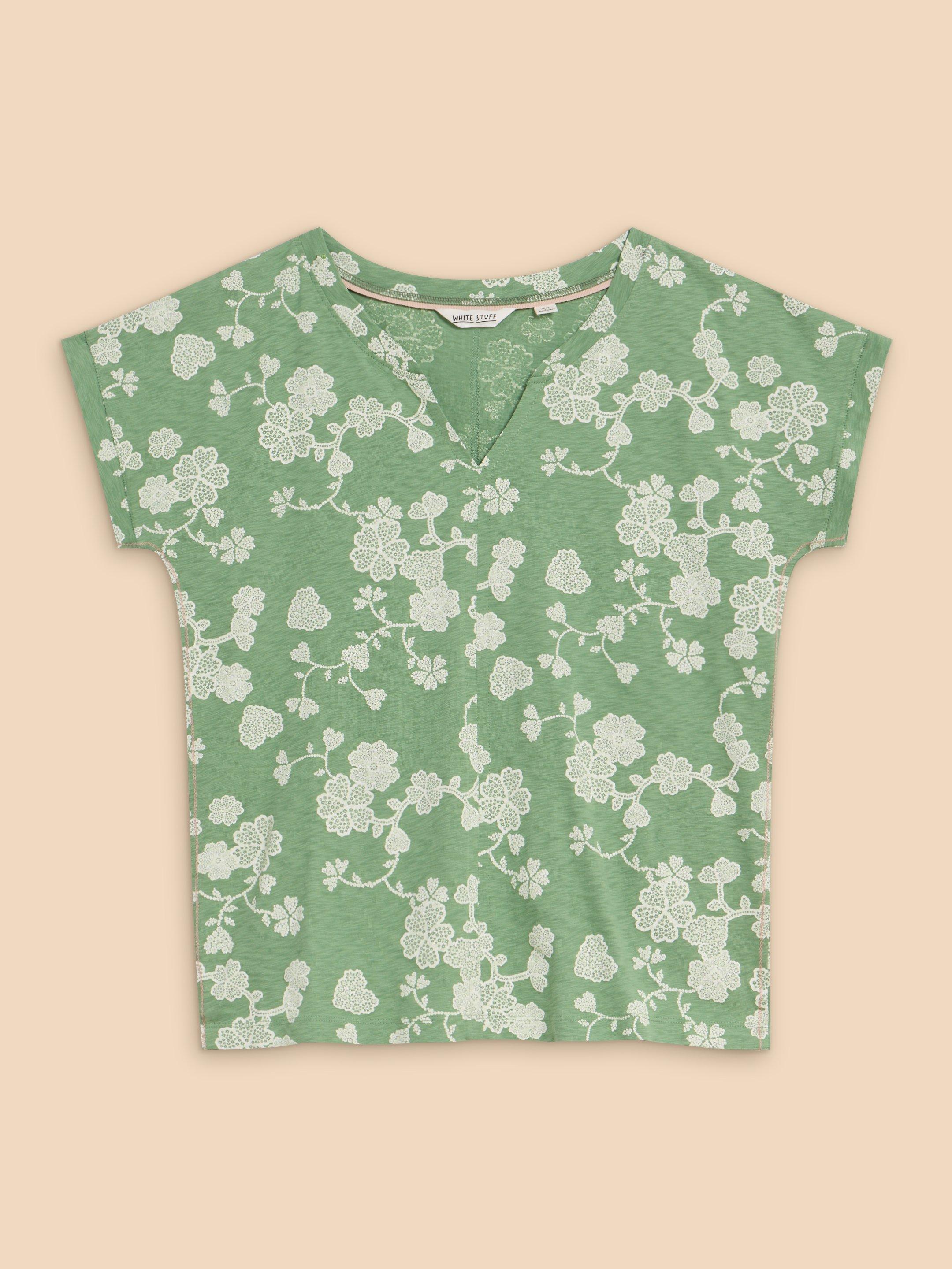 NELLY NOTCH NECK COTTON TEE in GREEN PR - FLAT FRONT