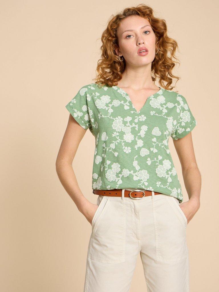 NELLY NOTCH NECK COTTON TEE in GREEN PR - LIFESTYLE
