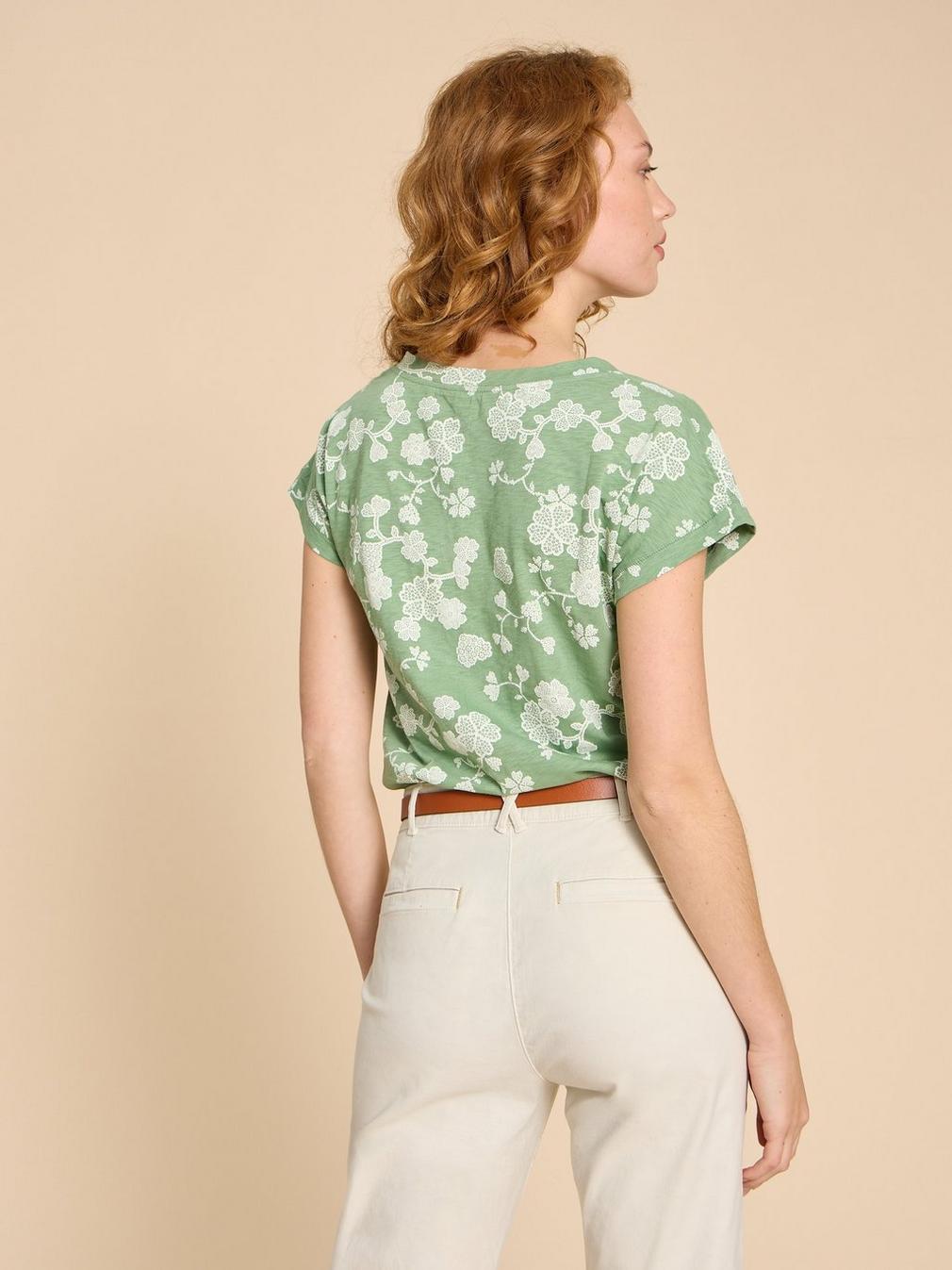 NELLY NOTCH NECK COTTON TEE in GREEN PR - MODEL BACK