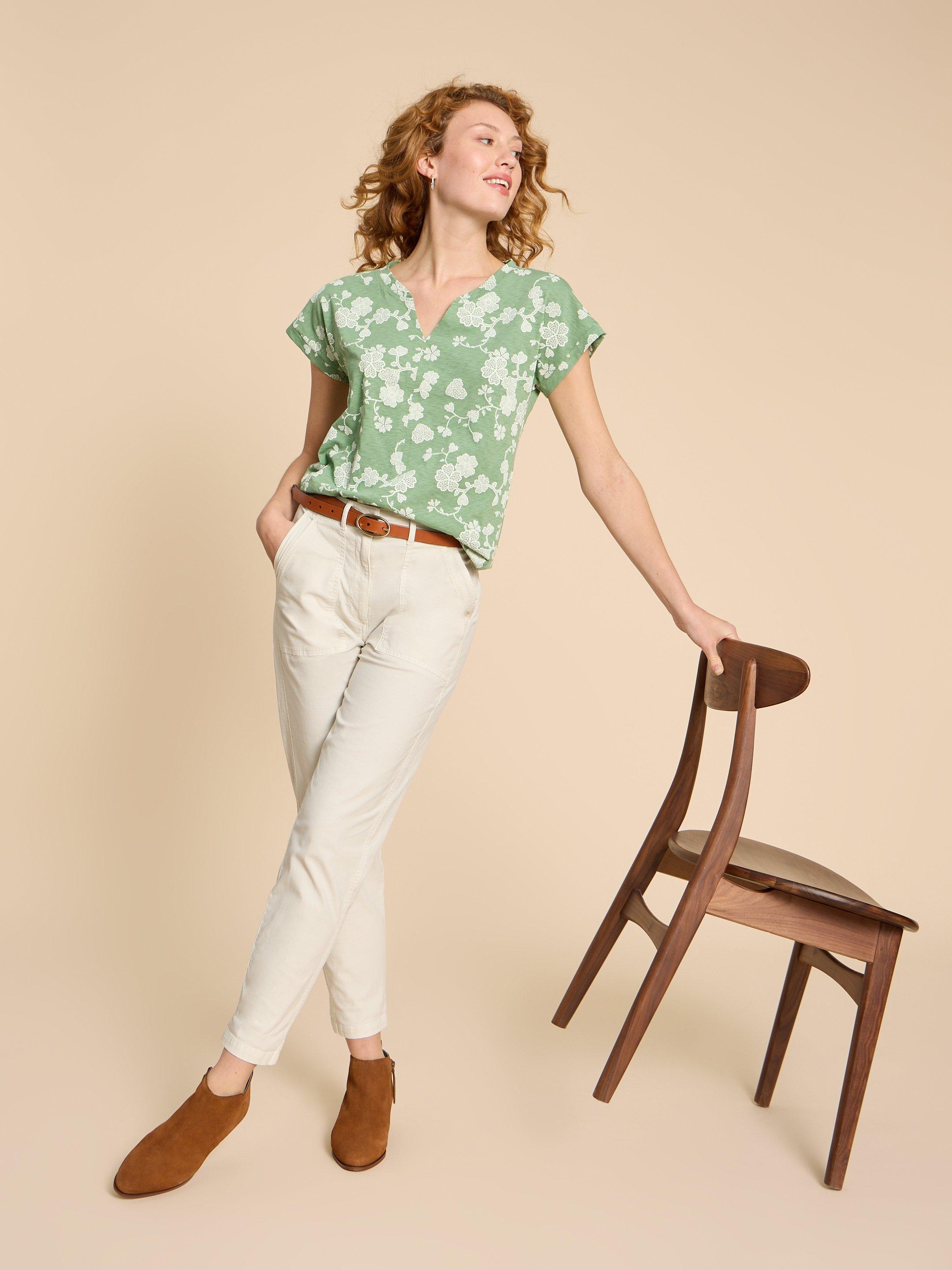 NELLY NOTCH NECK COTTON TEE in GREEN PR - MODEL FRONT