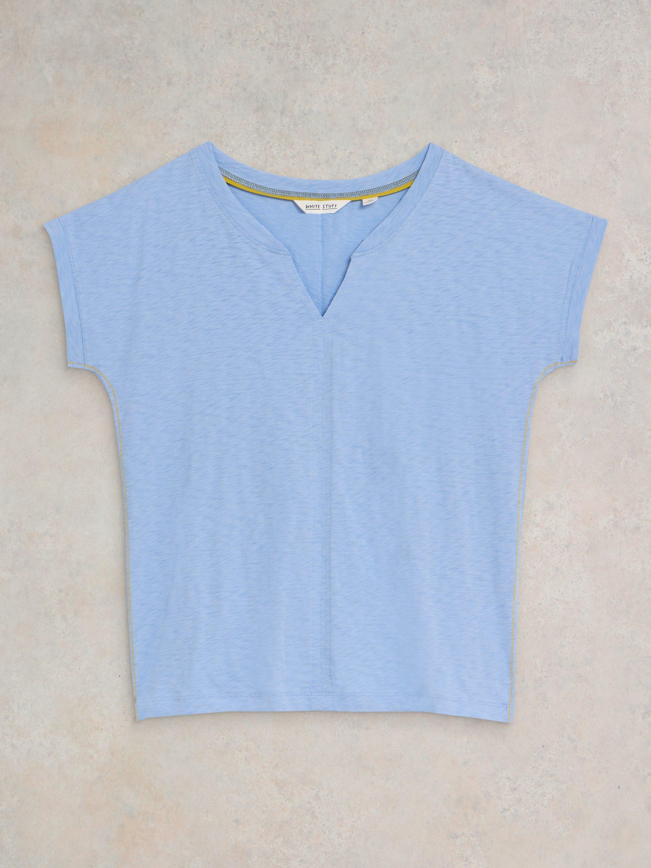 NELLY NOTCH NECK COTTON TEE in LGT BLUE - FLAT FRONT