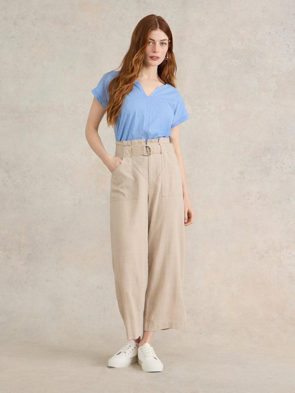 NELLY NOTCH NECK COTTON TEE in LGT BLUE - MODEL FRONT