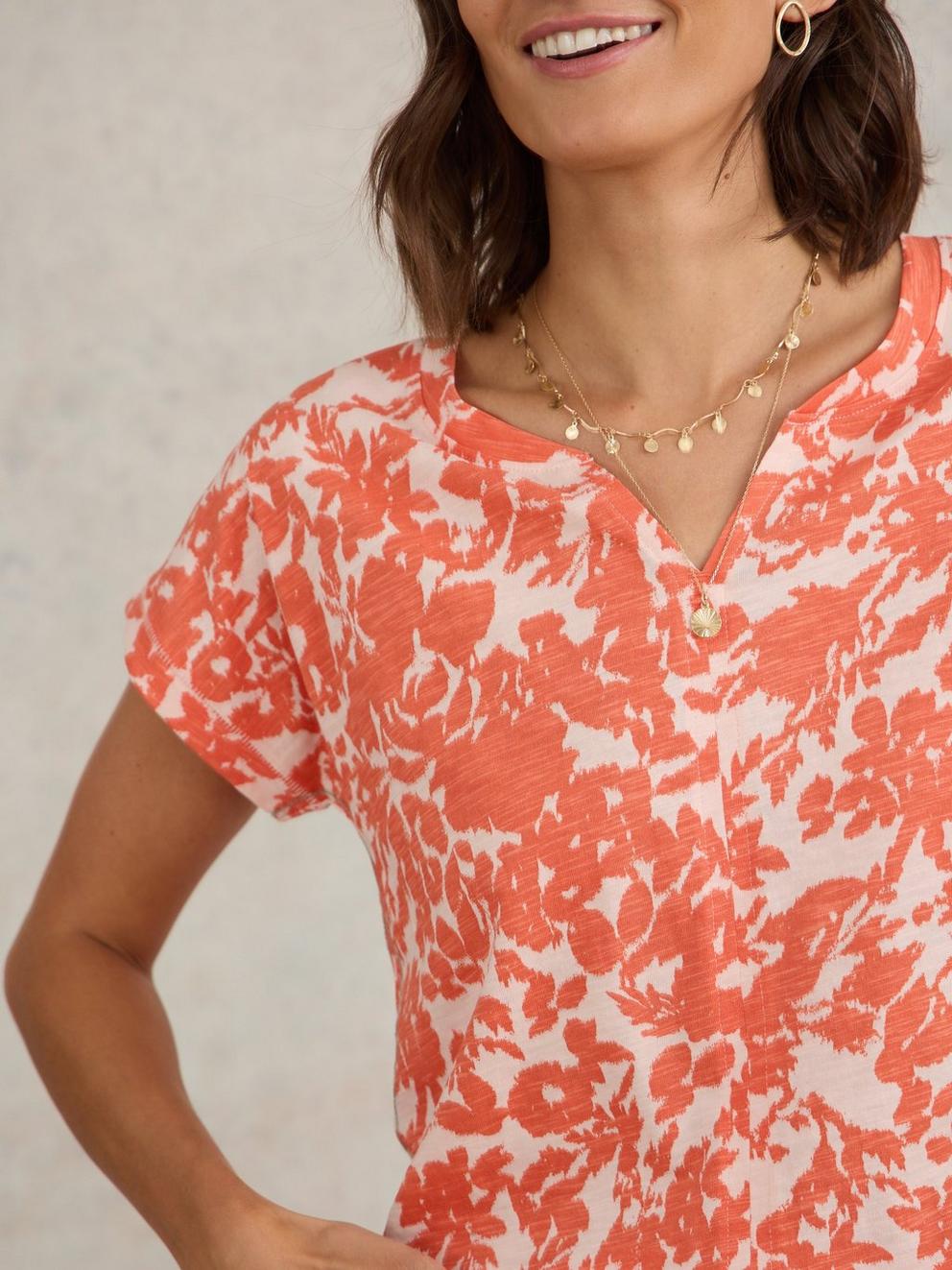 NELLY NOTCH NECK COTTON TEE in ORANGE PR - MODEL DETAIL