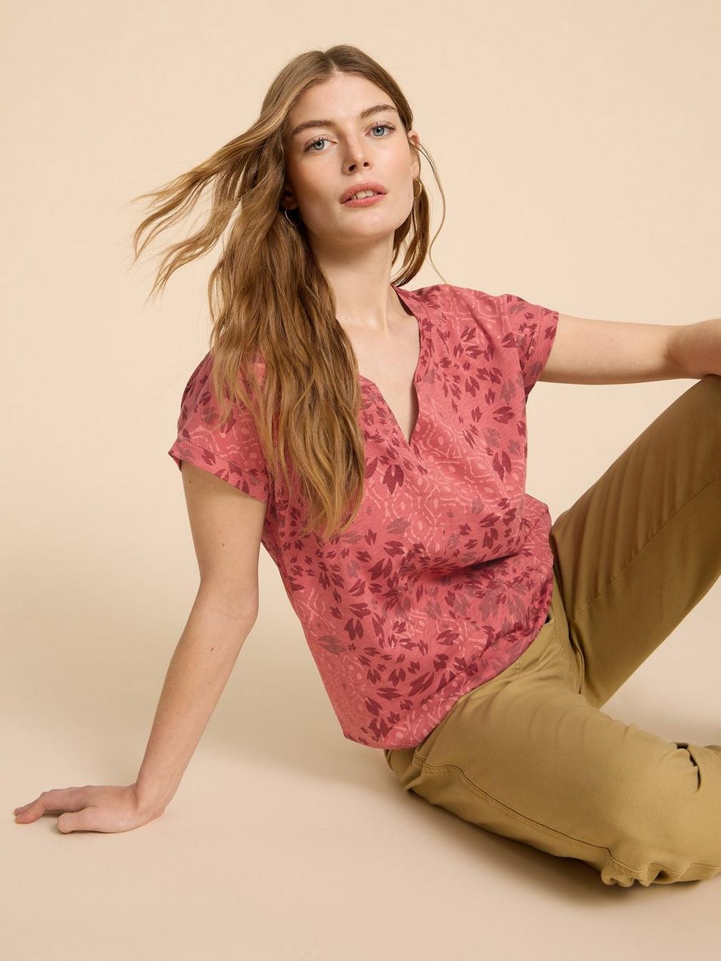 NELLY NOTCH NECK COTTON TEE in PINK PR - MODEL DETAIL