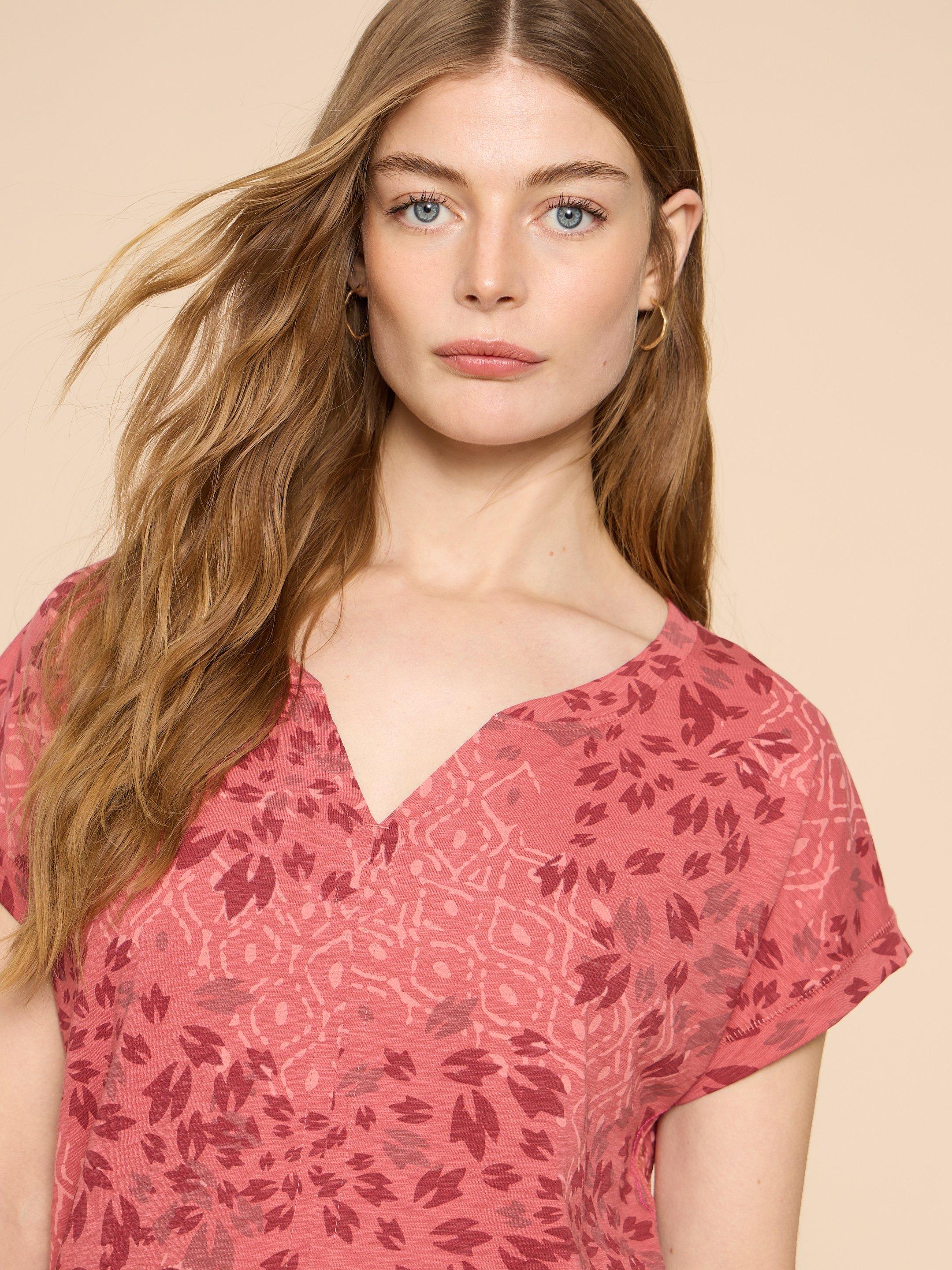 NELLY NOTCH NECK COTTON TEE in PINK PR - MODEL FRONT