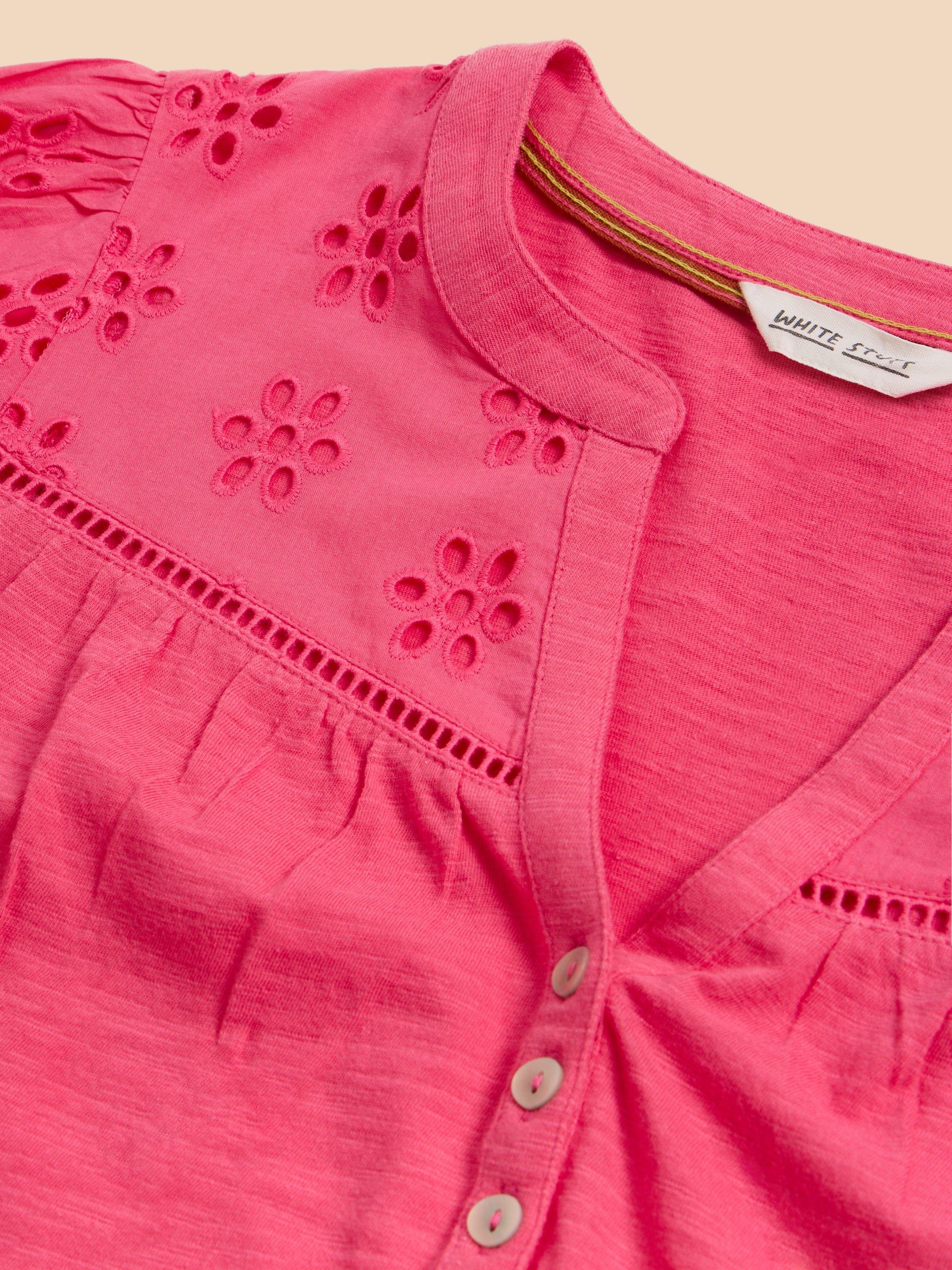BELLA BRODERIE MIX TOP in MID PINK - FLAT DETAIL