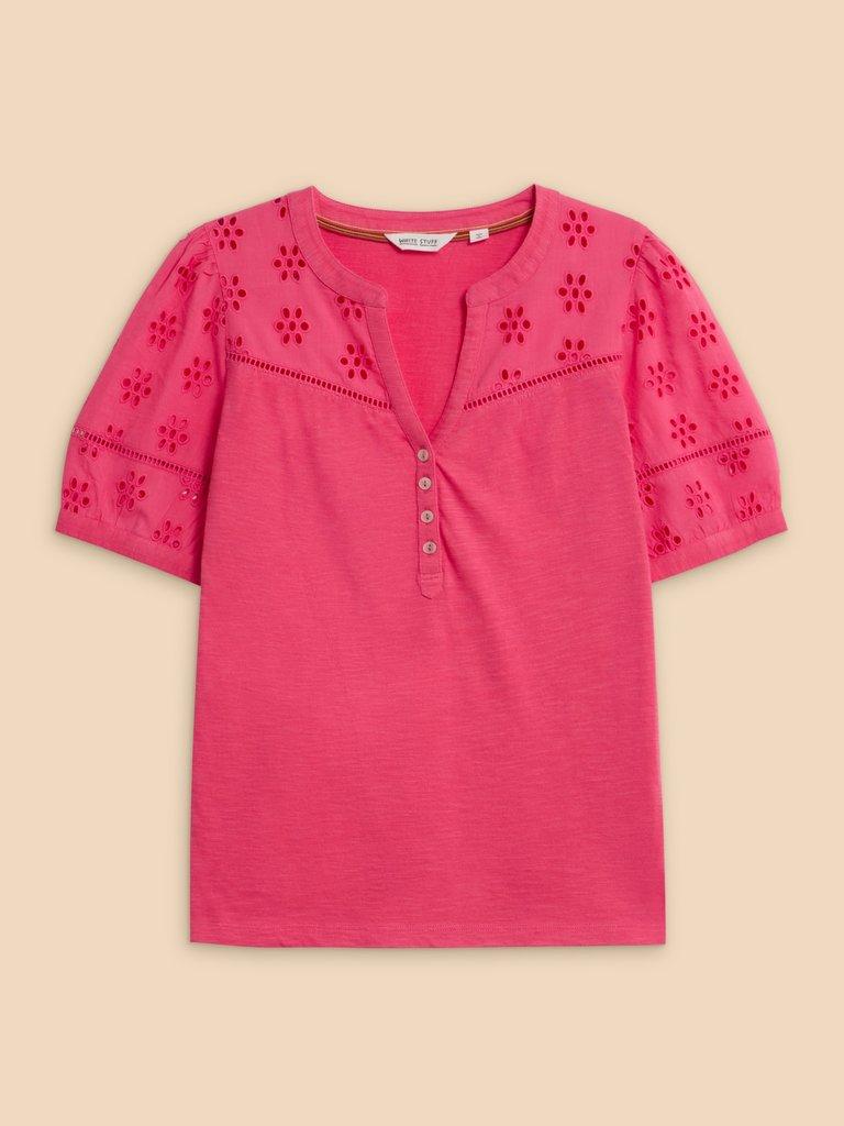 BELLA BRODERIE MIX TOP in MID PINK - FLAT FRONT