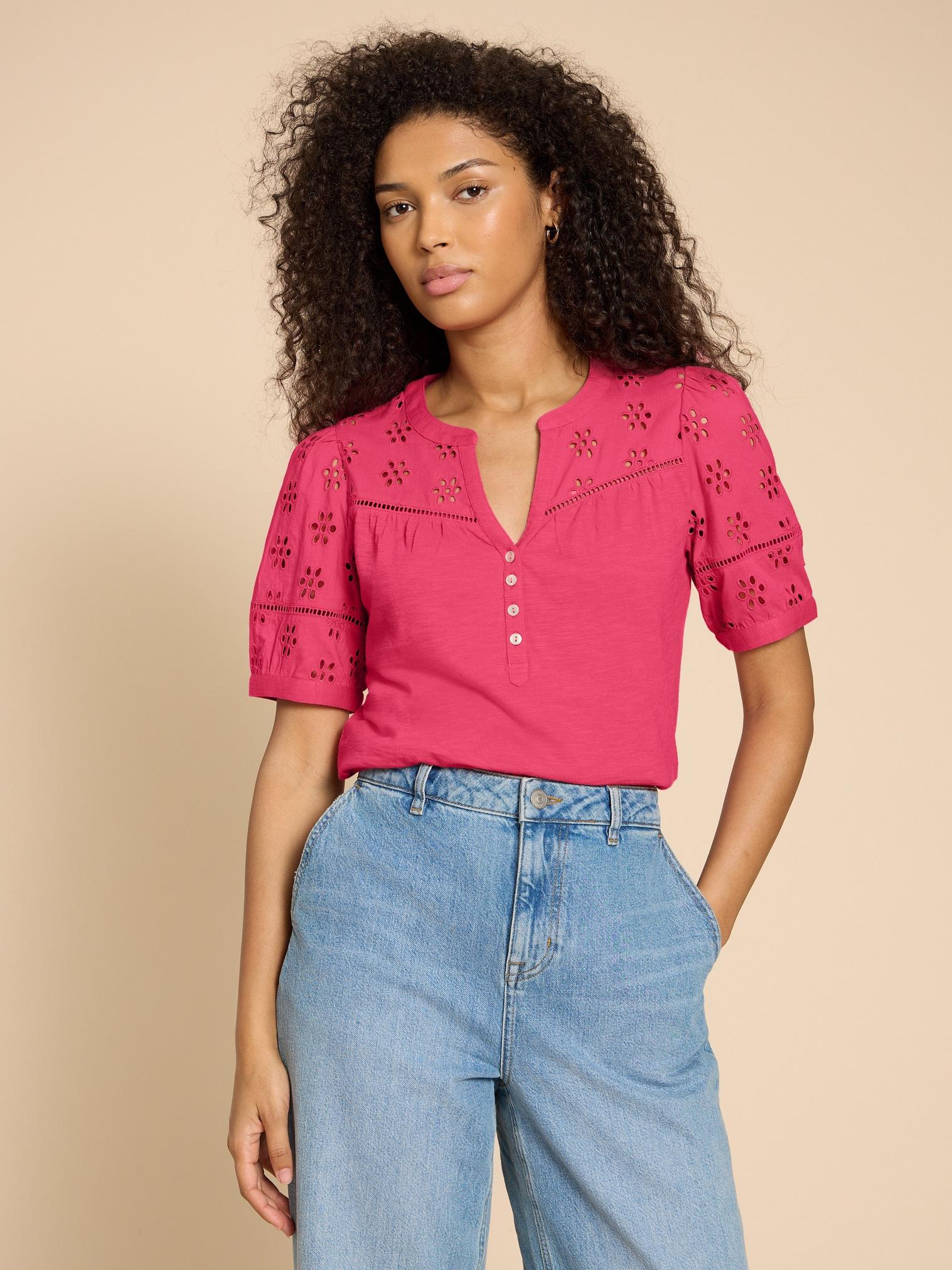 BELLA BRODERIE MIX TOP in MID PINK - LIFESTYLE