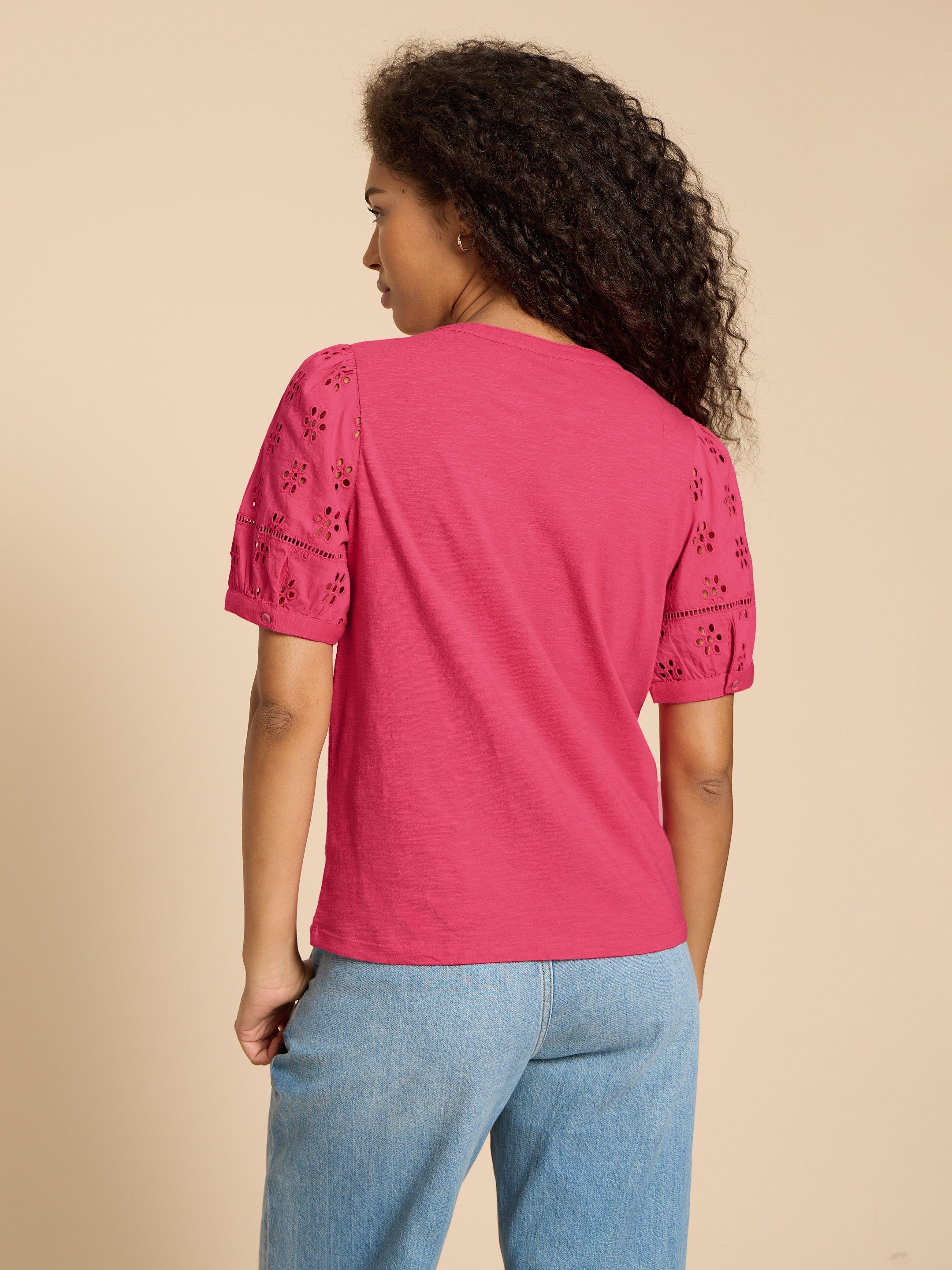BELLA BRODERIE MIX TOP in MID PINK - MODEL BACK
