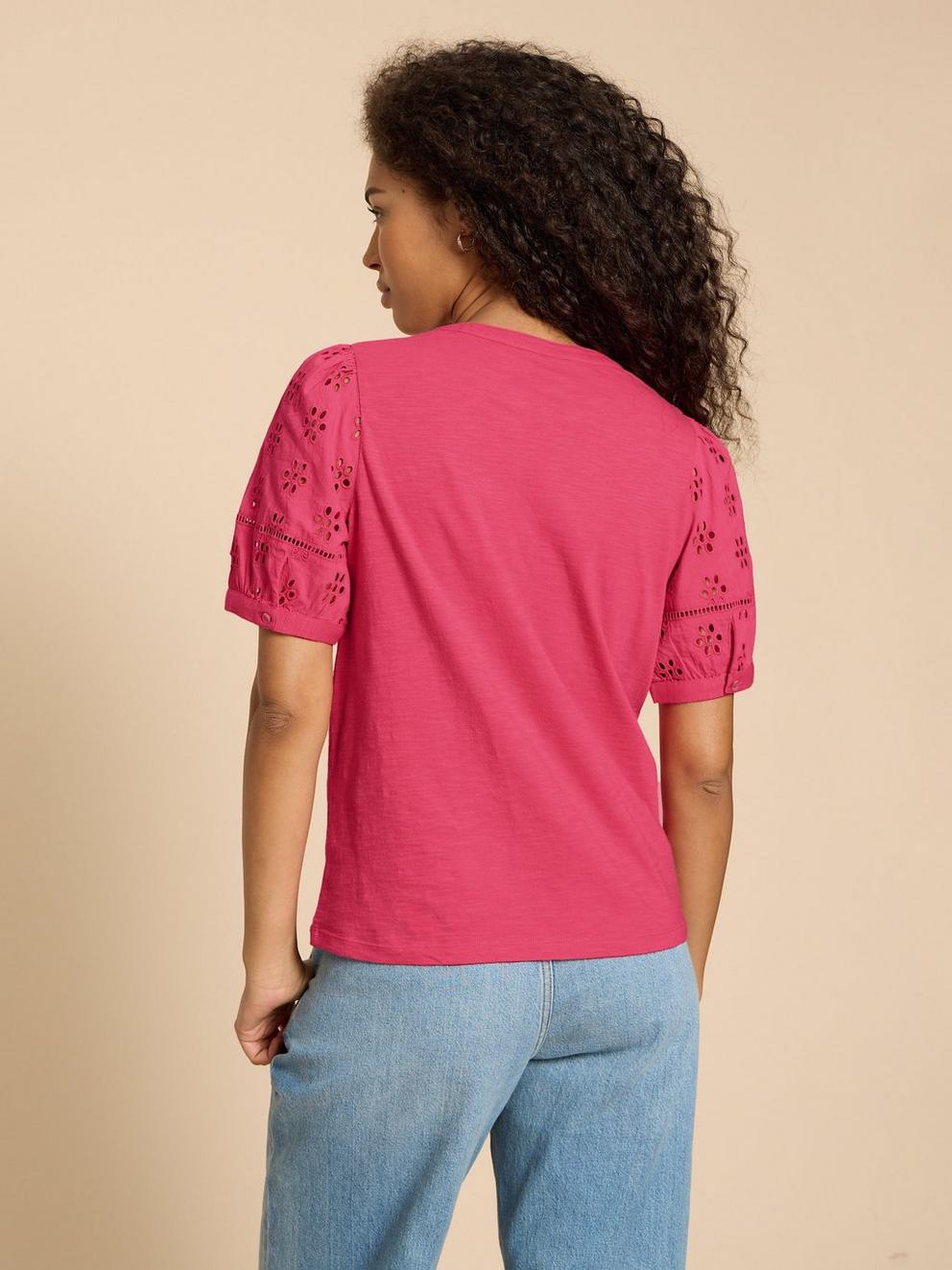 BELLA BRODERIE MIX TOP in MID PINK - MODEL BACK