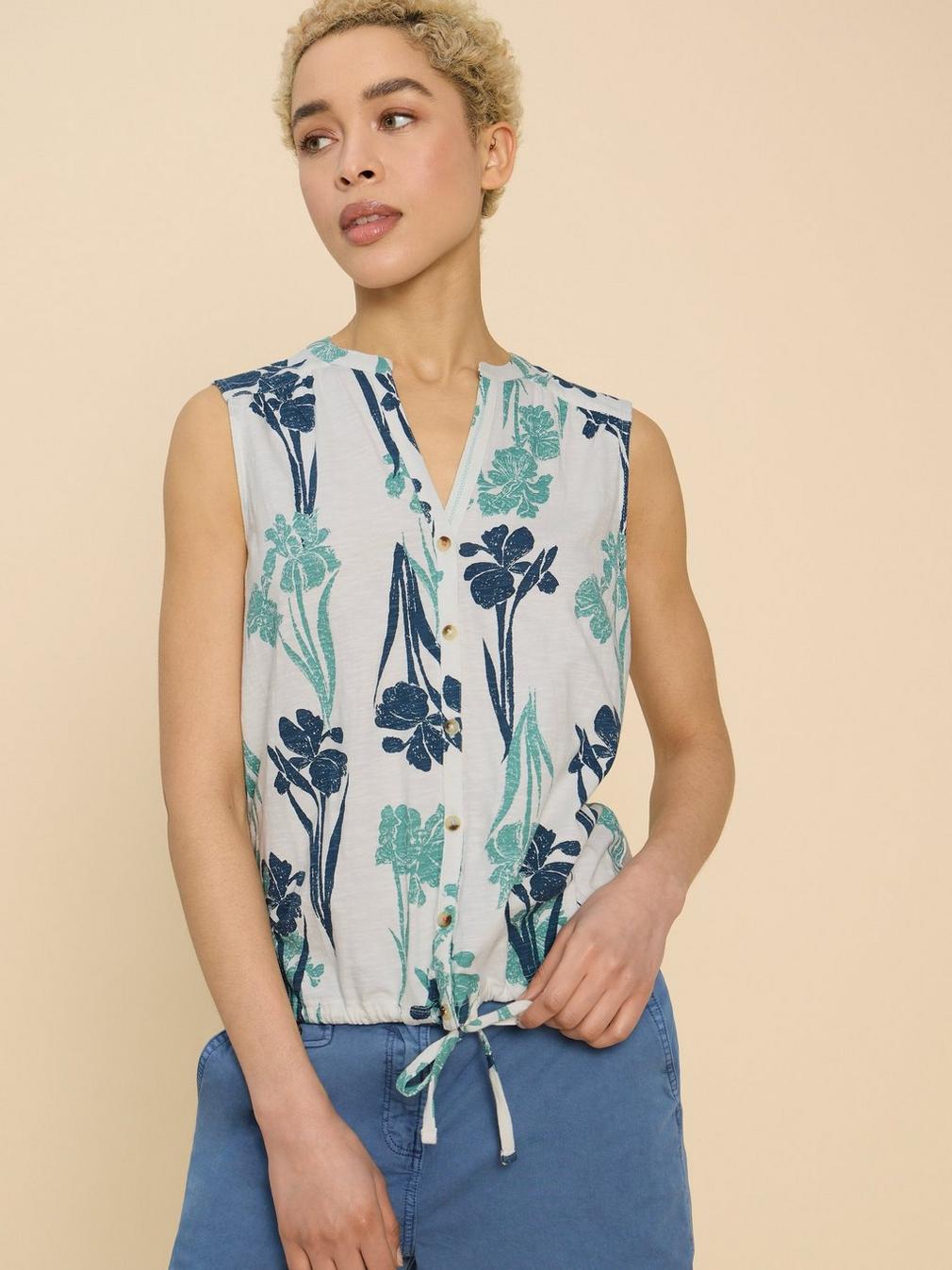 TULIP JERSEY SLEEVELESS SHIRT in WHITE PR - MODEL FRONT