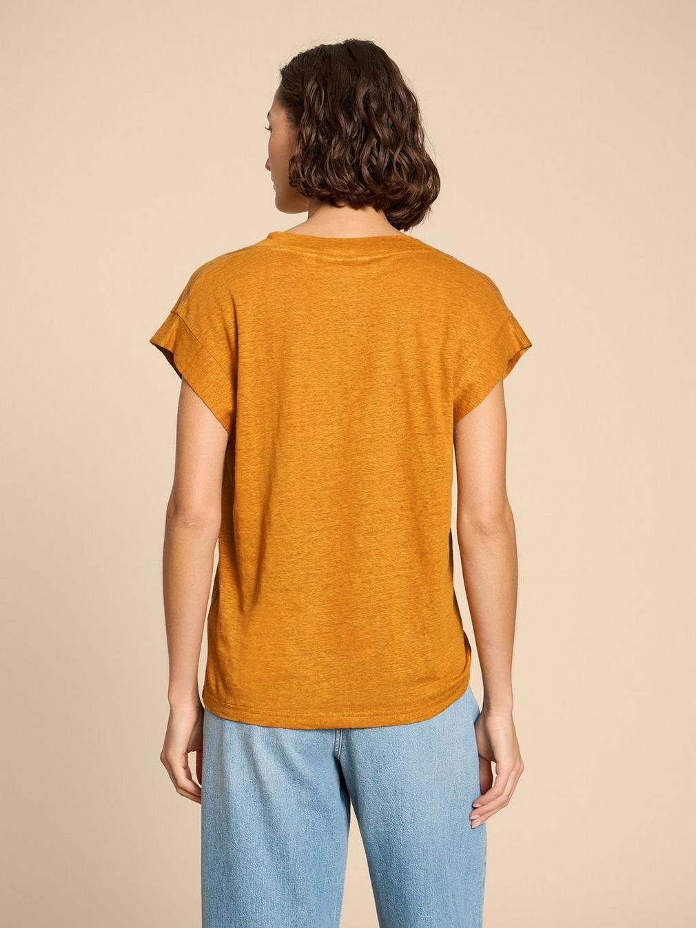 IVY LINEN V NECK TEE in MID ORANGE - MODEL BACK