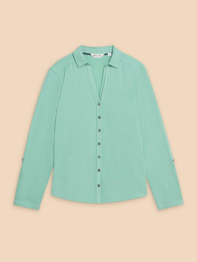 ANNIE JERSEY PRINT SHIRT in MID TEAL - FLAT FRONT