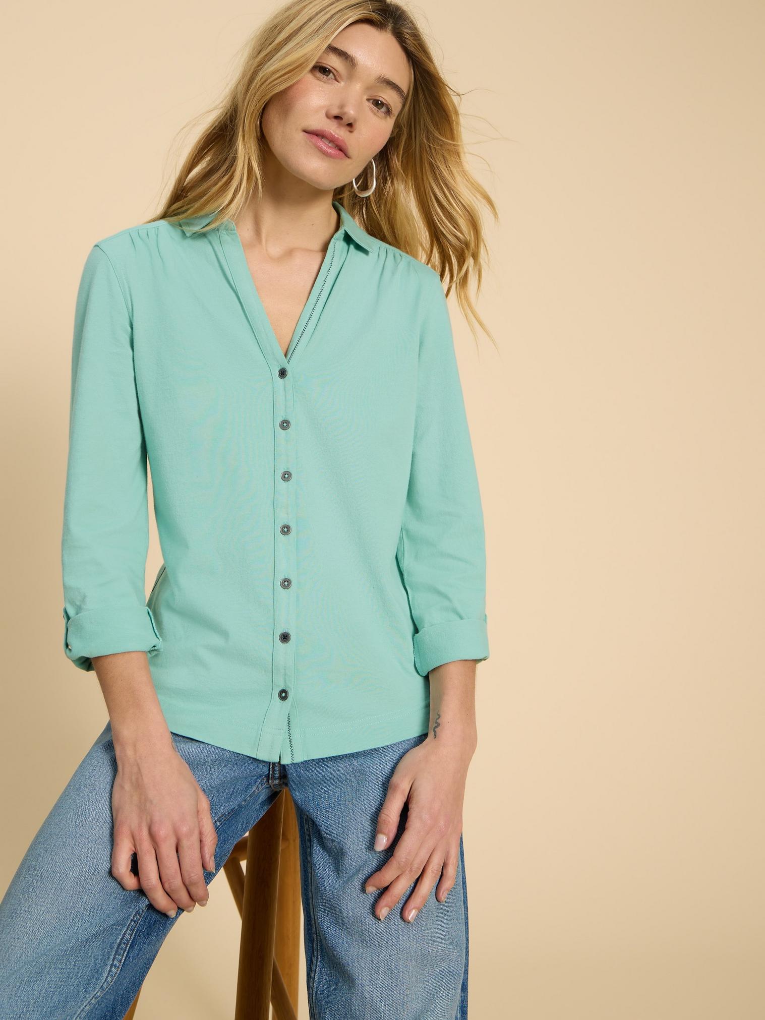 ANNIE JERSEY PRINT SHIRT in MID TEAL - LIFESTYLE
