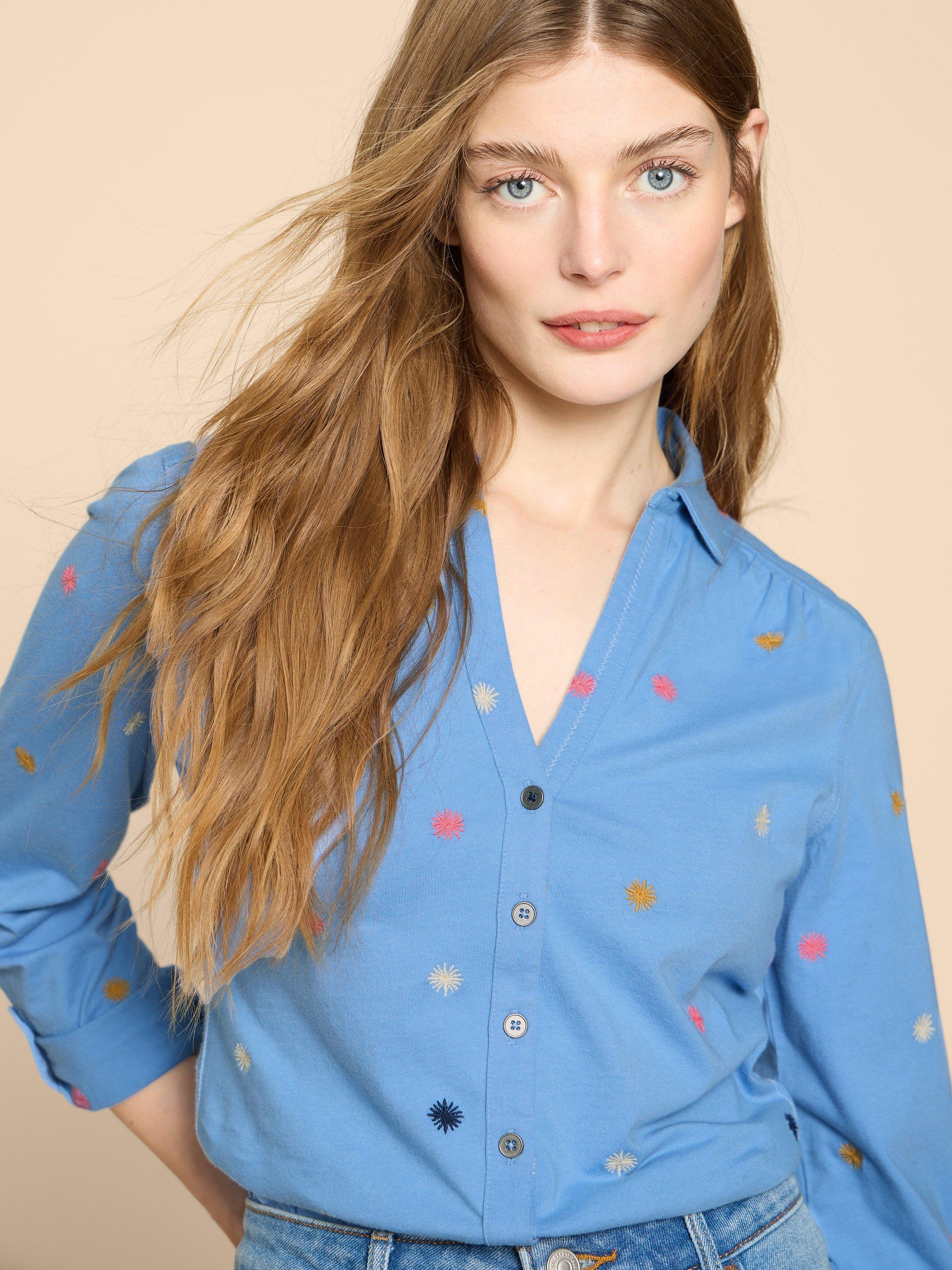 ANNIE JERSEY EMBROIDERED SHIRT in BLUE MLT - MODEL DETAIL