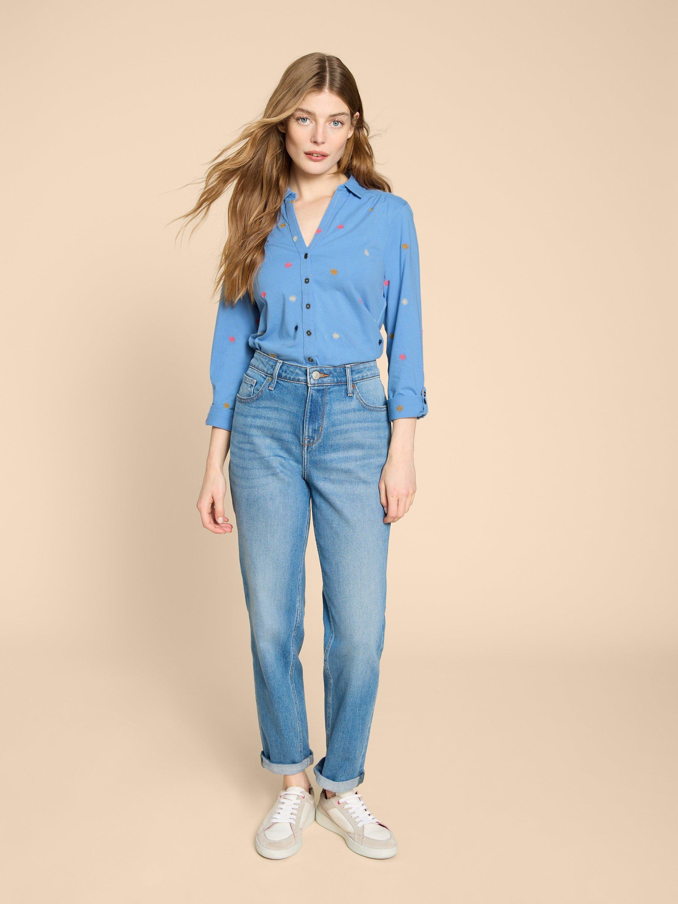 ANNIE JERSEY EMBROIDERED SHIRT in BLUE MLT - MODEL FRONT