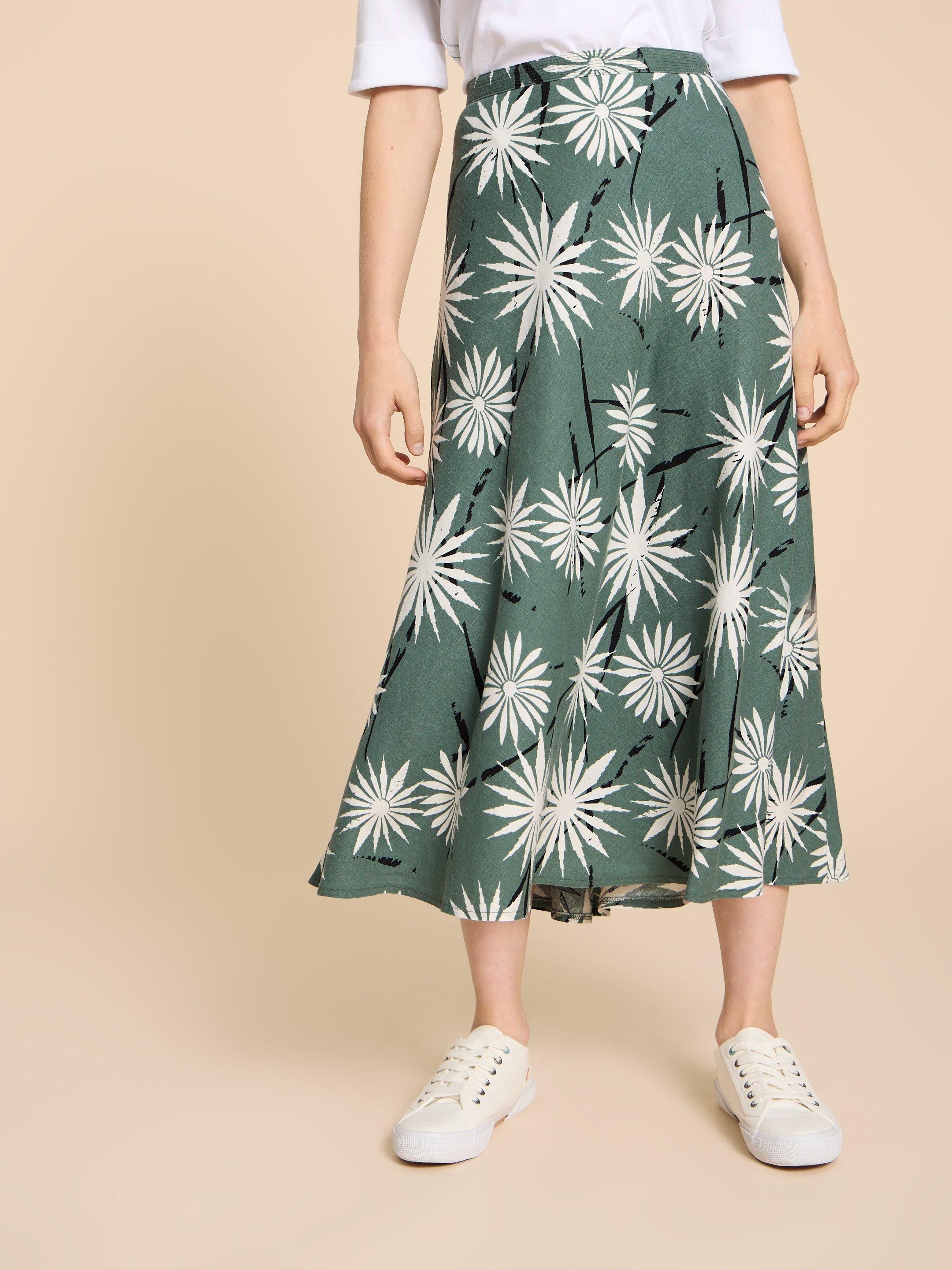 Clemence Linen Blend Skirt in GREEN PR - MODEL FRONT