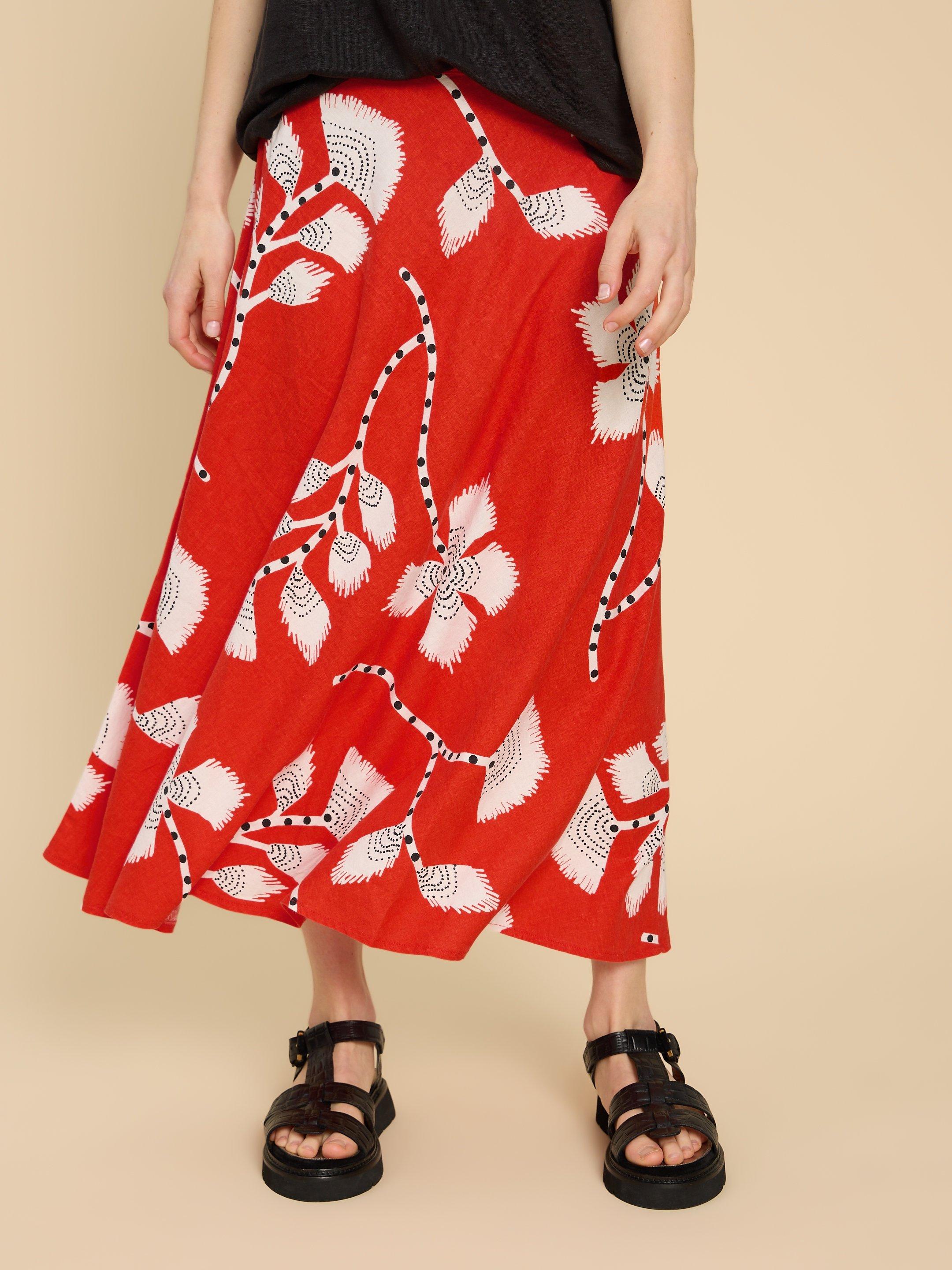 Clemence Linen Blend Skirt in RED PR - MODEL DETAIL