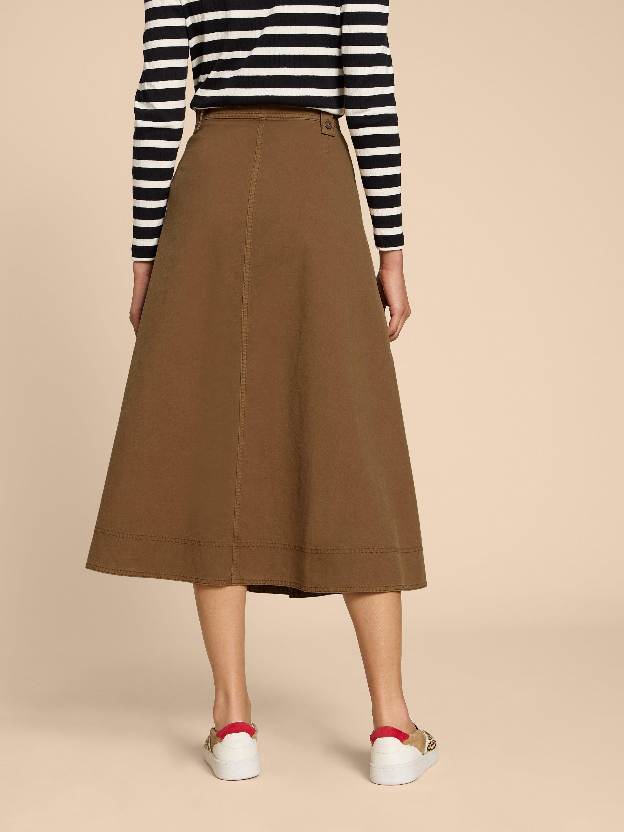 Tara Chino Skirt in MID TAN - MODEL BACK