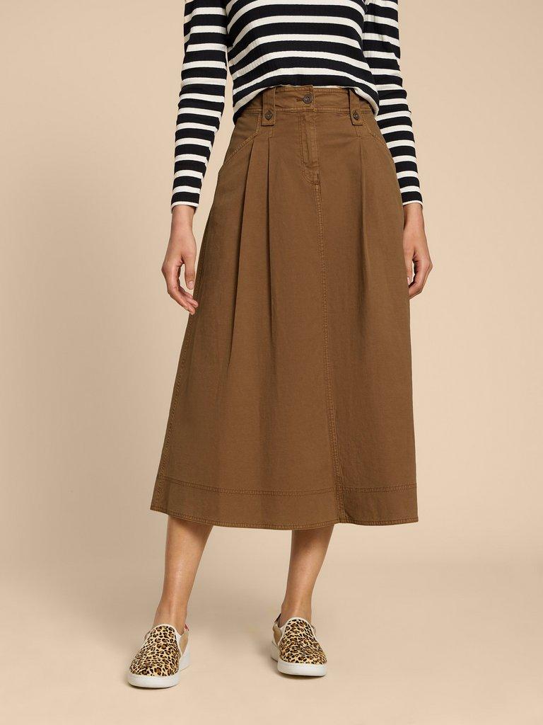 Tara Chino Skirt in MID TAN - MODEL FRONT