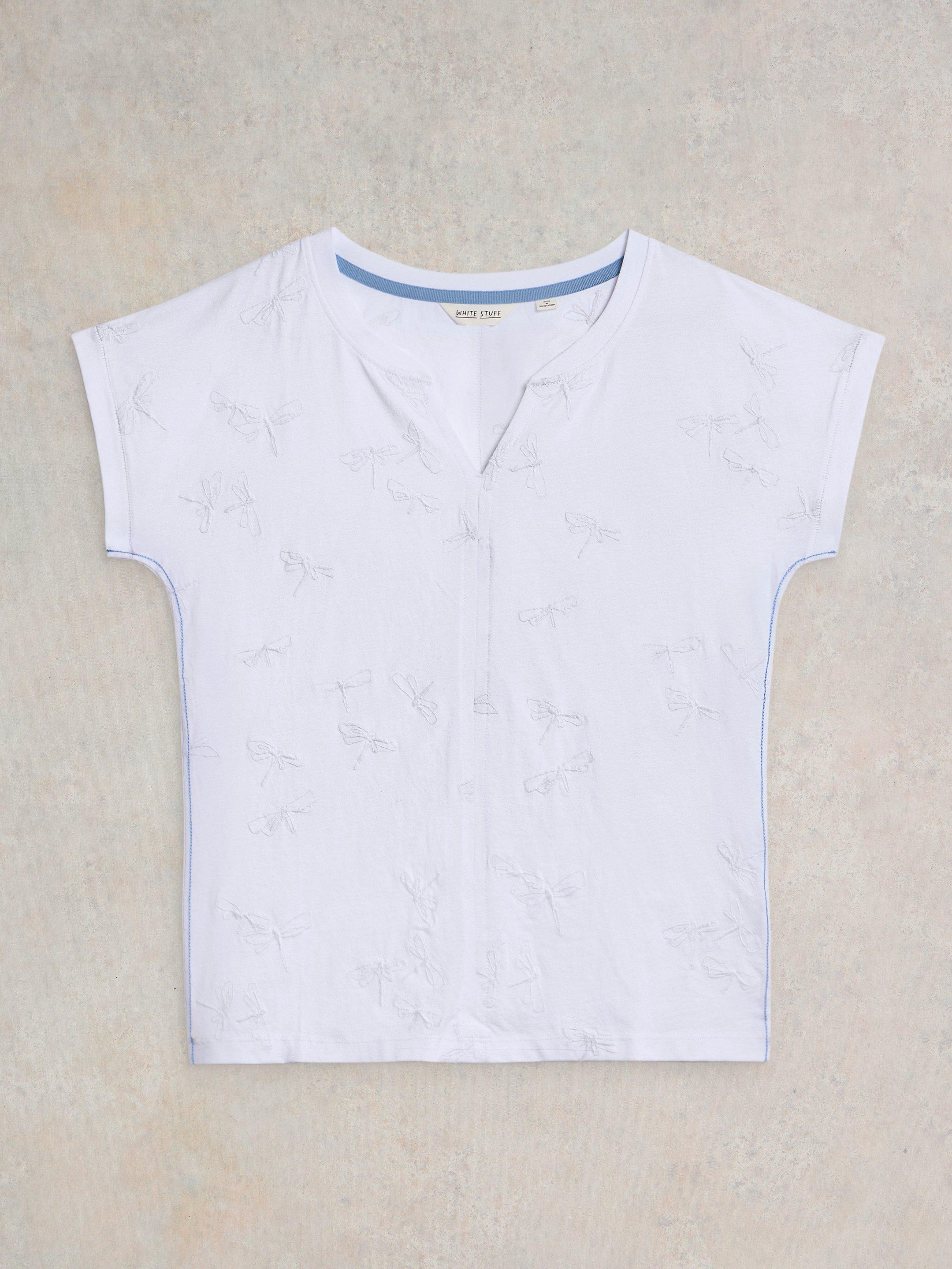 NELLY NOTCH NECK EMBROIDERED TEE in BRIL WHITE - FLAT FRONT