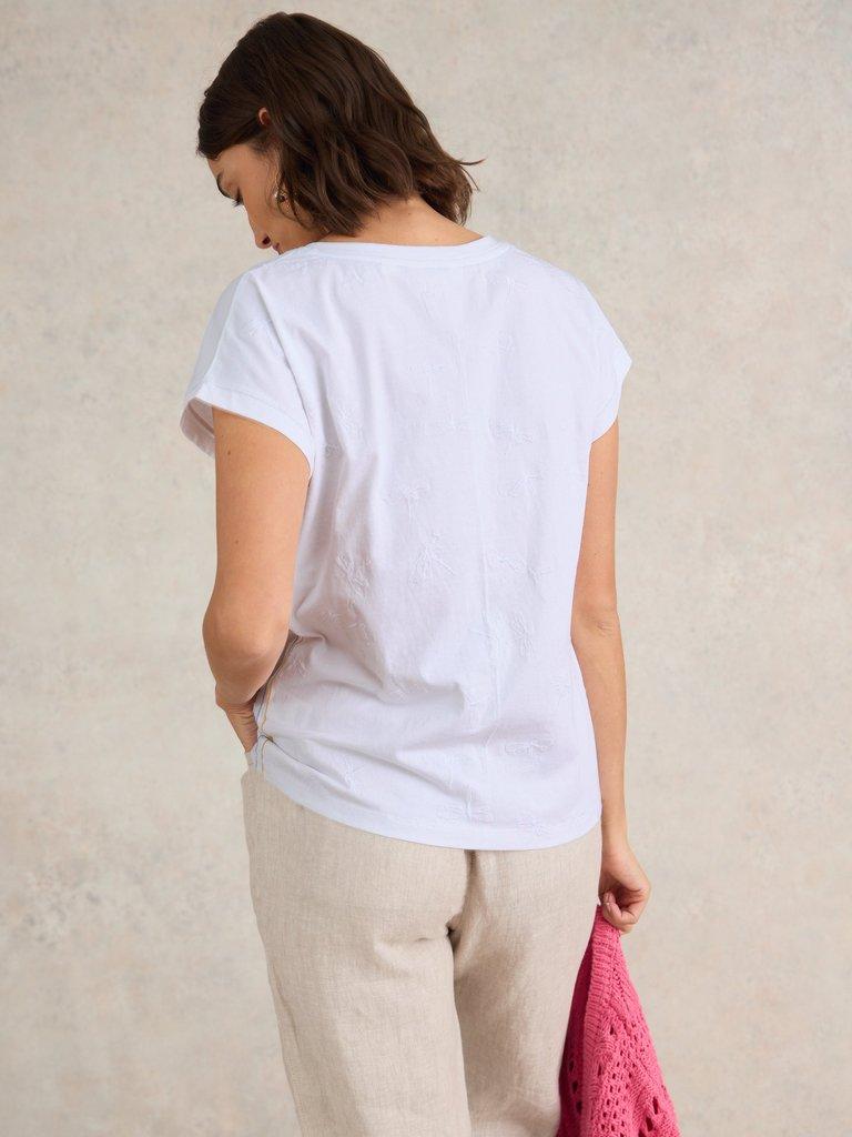 NELLY NOTCH NECK EMBROIDERED TEE in BRIL WHITE - MODEL BACK